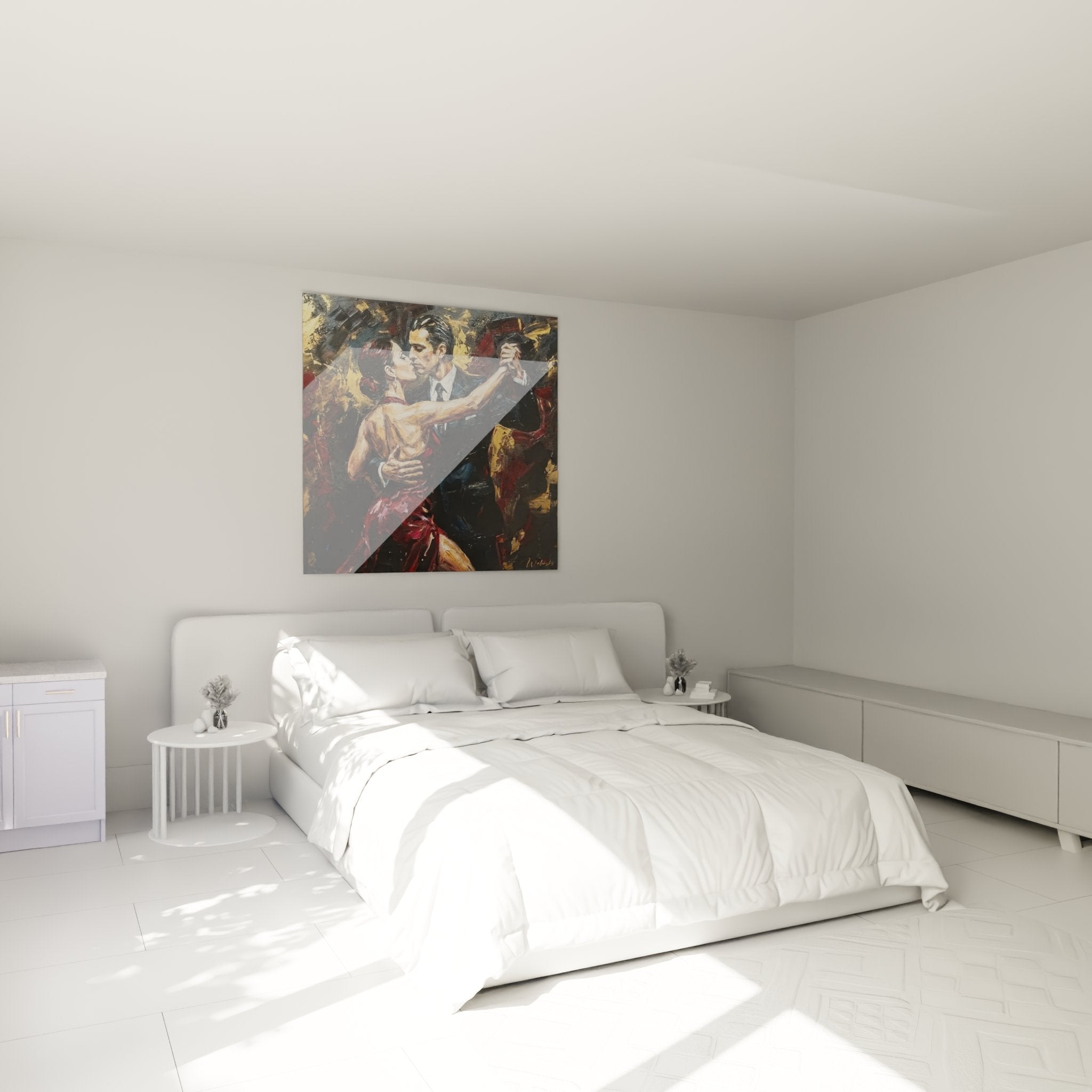 Decorazione murale camera quadro tango coppia ballerini arte romantica atmosfera intima rosso bordeaux