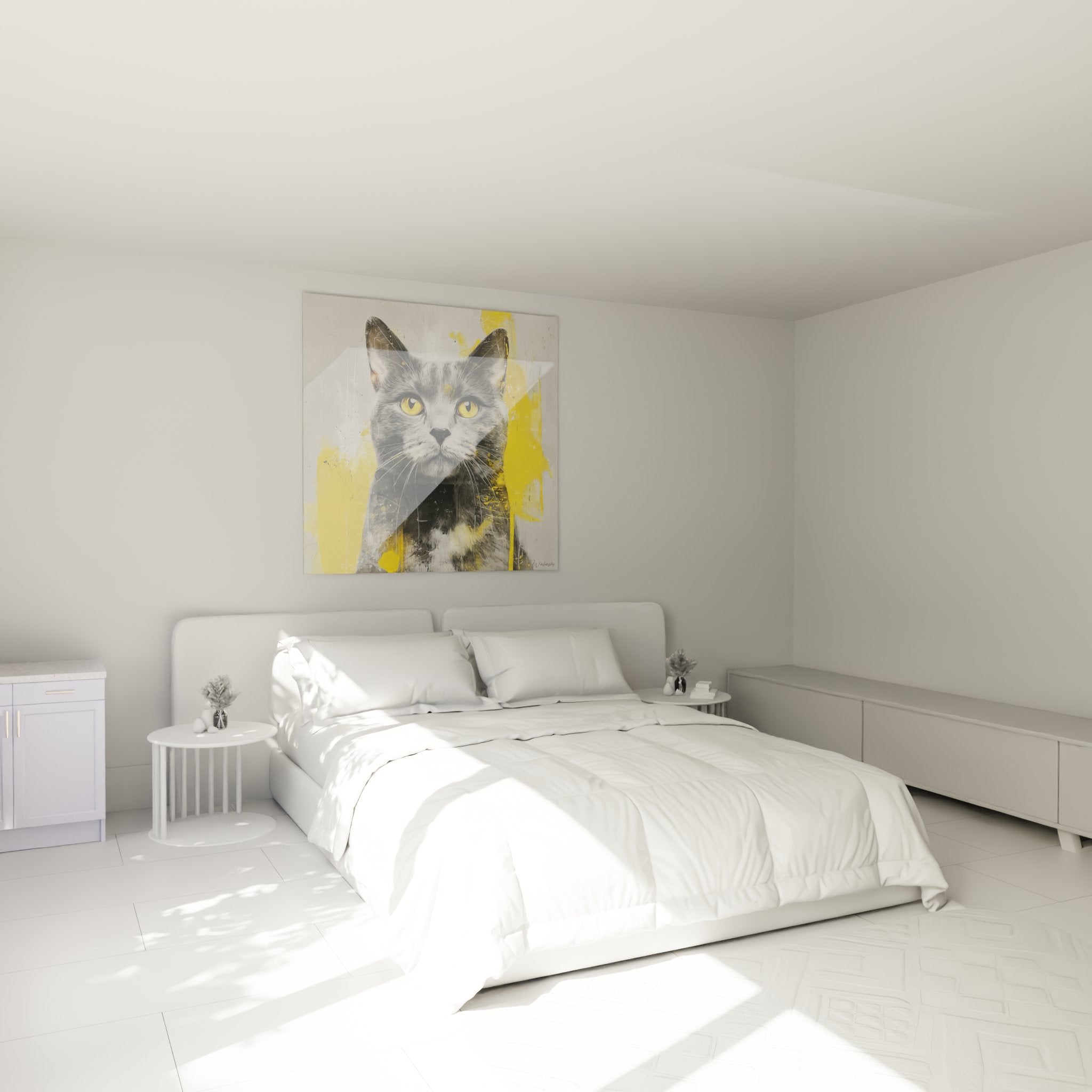 Decoration murale chambre avec tableau chat American Shorthair moderne aux eclats jaunes