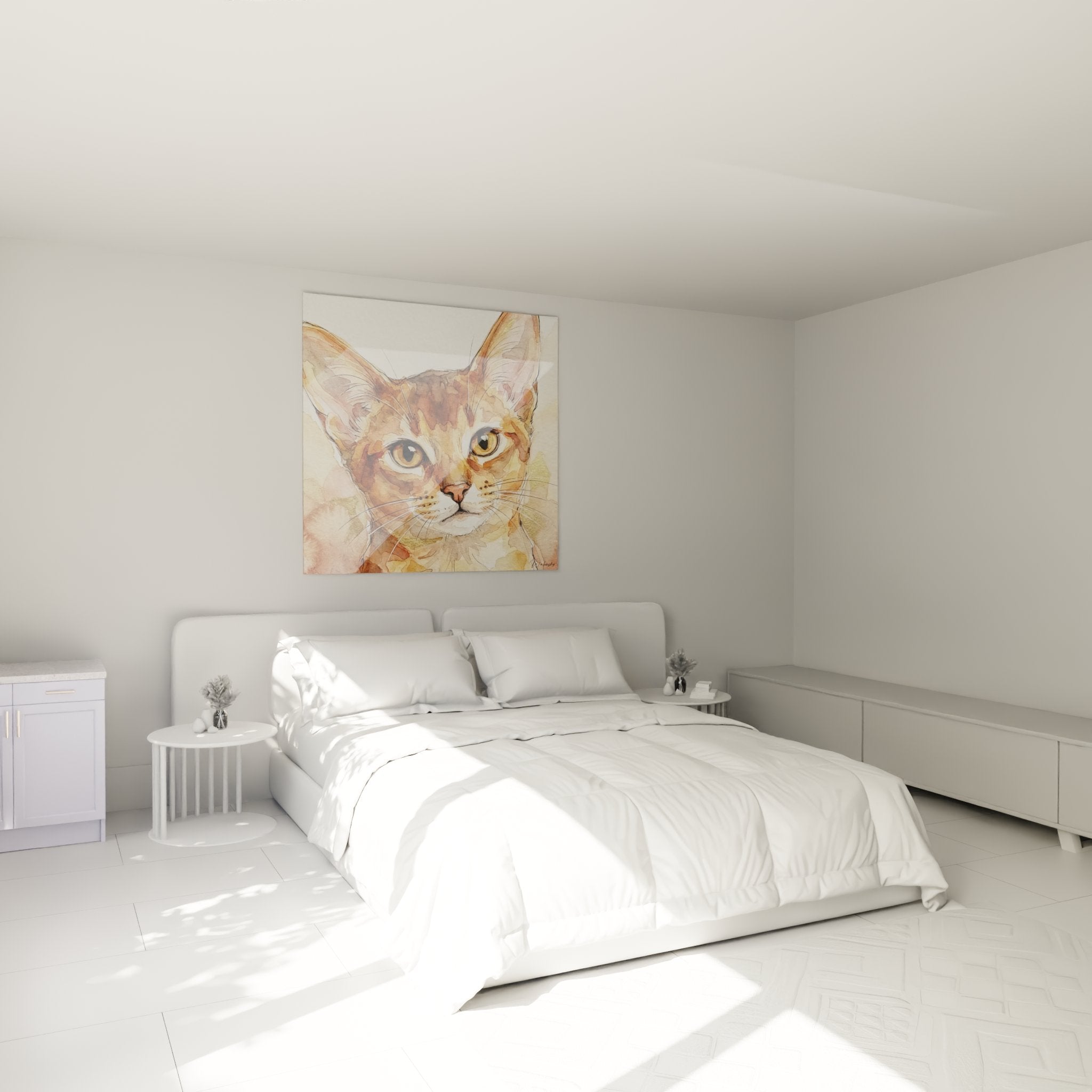 Quadro gatto Abissino acquerello in camera moderna, decorazione murale elegante tonalità calde e rilassanti