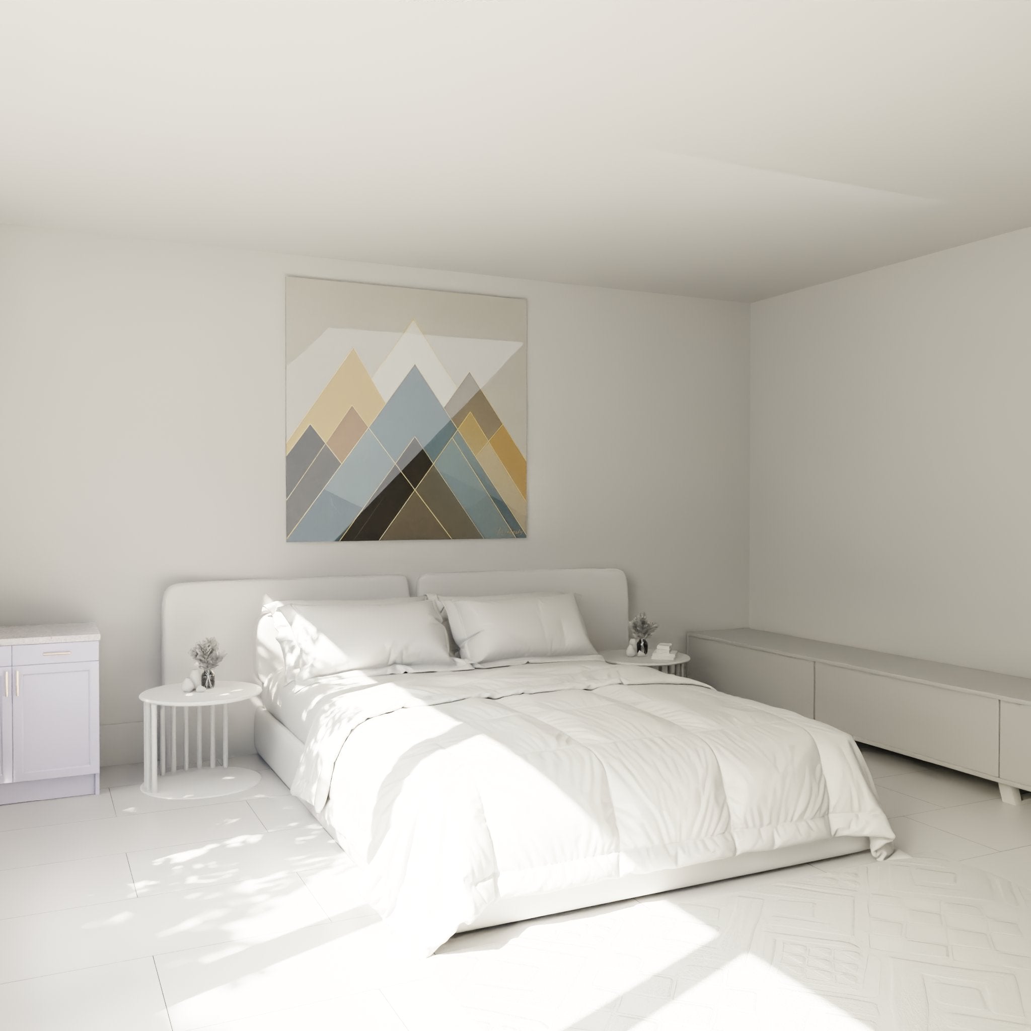 Abstrakte Berglandschaft im modernen Schlafzimmer Wanddekoration beruhigende Naturtöne alpine Inspiration