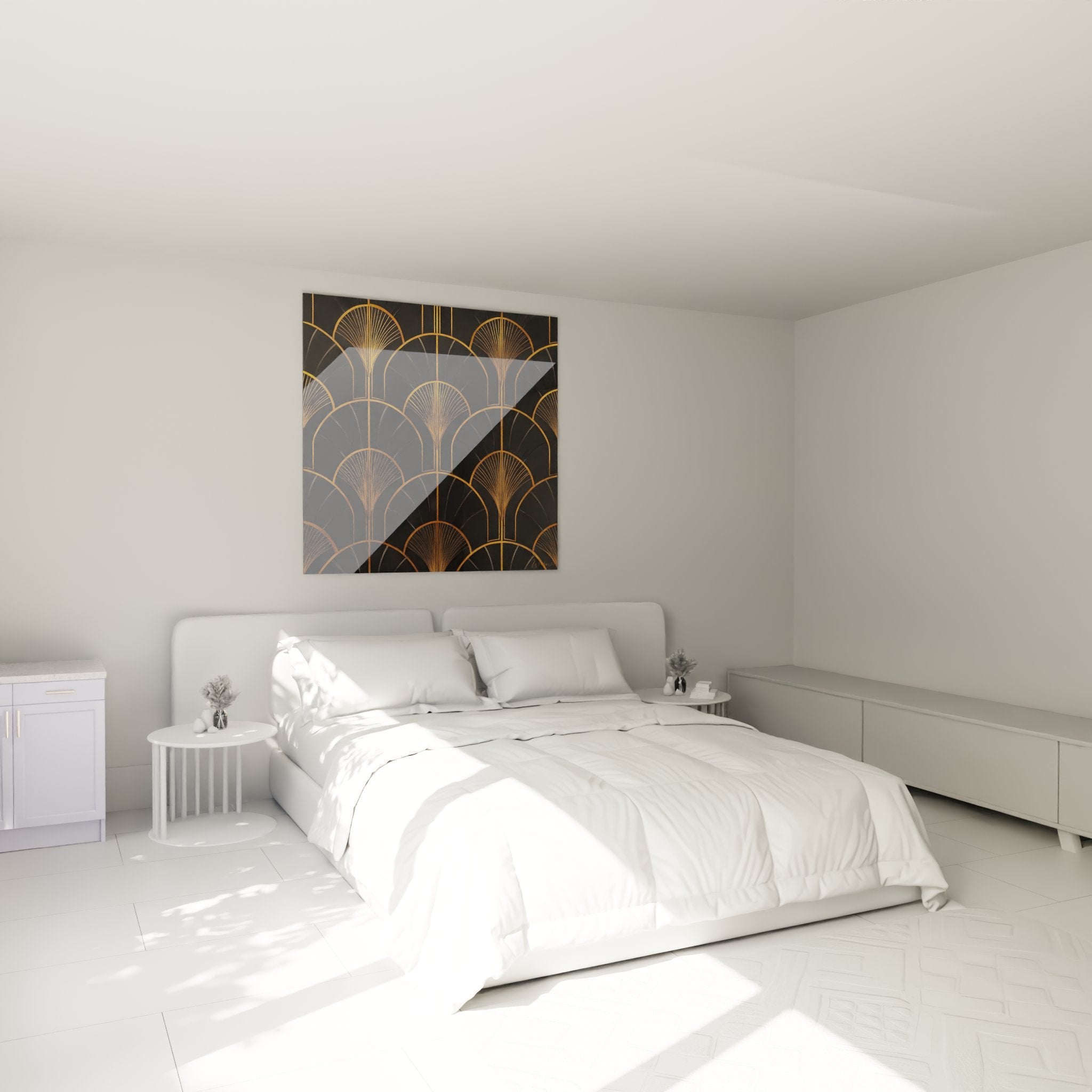Tableau Art Déco éventails dorés accroché au mur d'une chambre moderne, décoration murale élégante