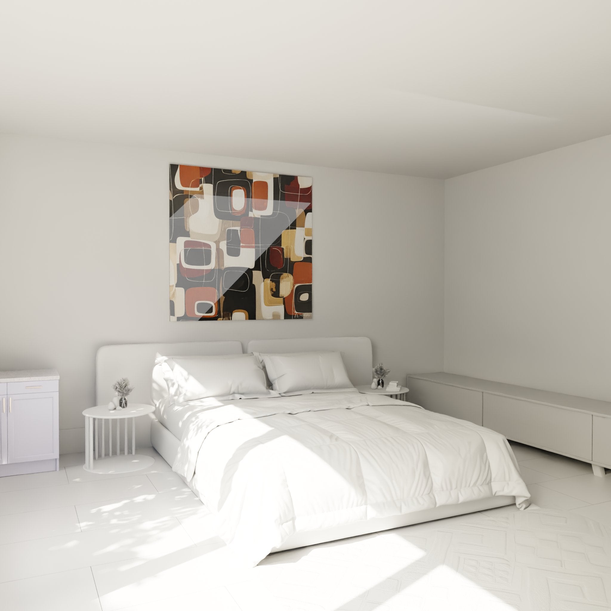 Bedroom decoration with abstract African wall art featuring harmonious geometric patterns contemporary style