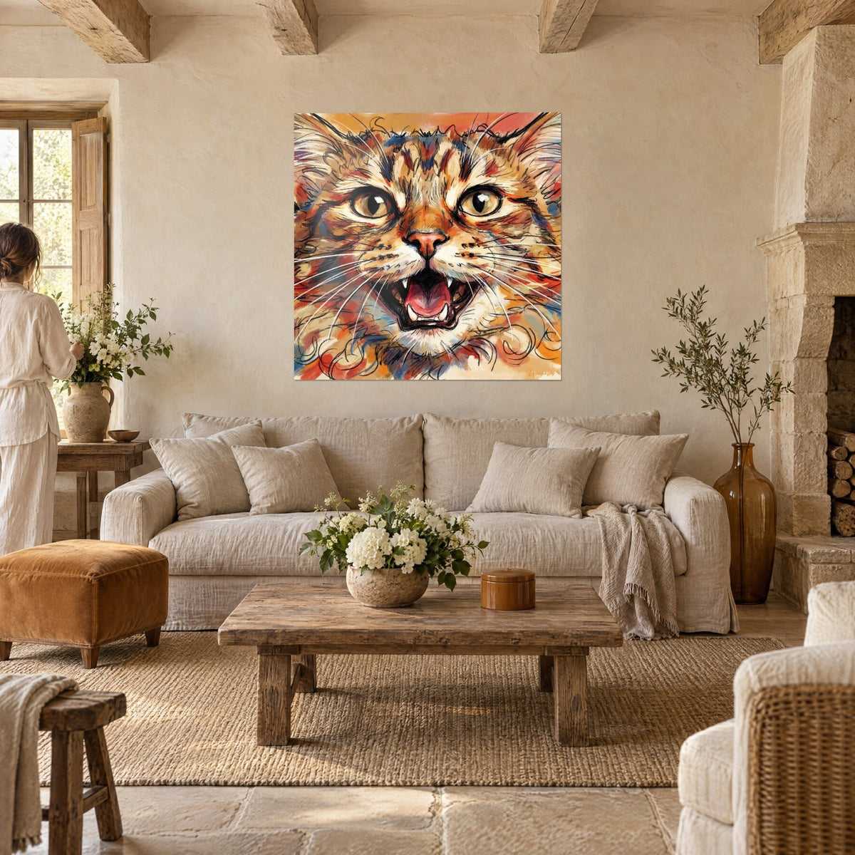 Quadro gatto tigrato a bocca aperta, occhi ambrati, campiture arancioni e blu, guardato da due persone sopra un divano in un soggiorno luminoso
