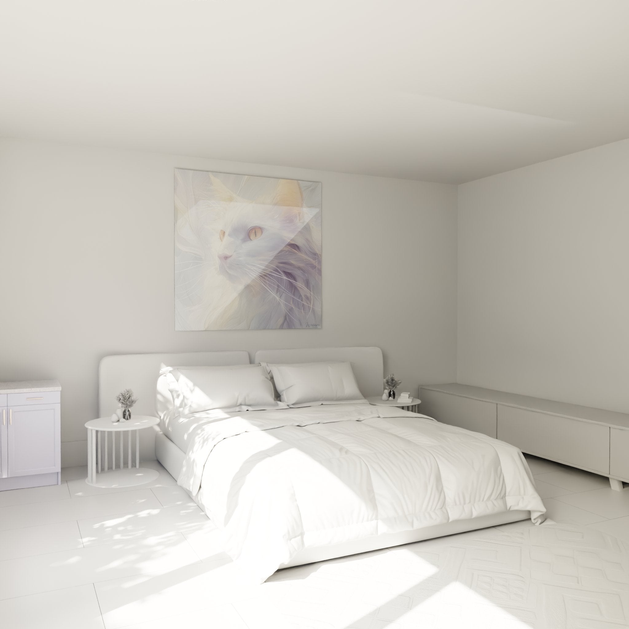 Turkish Angora portrait painting decorating modern bedroom, elegant feline wall art in soothing pastel tones