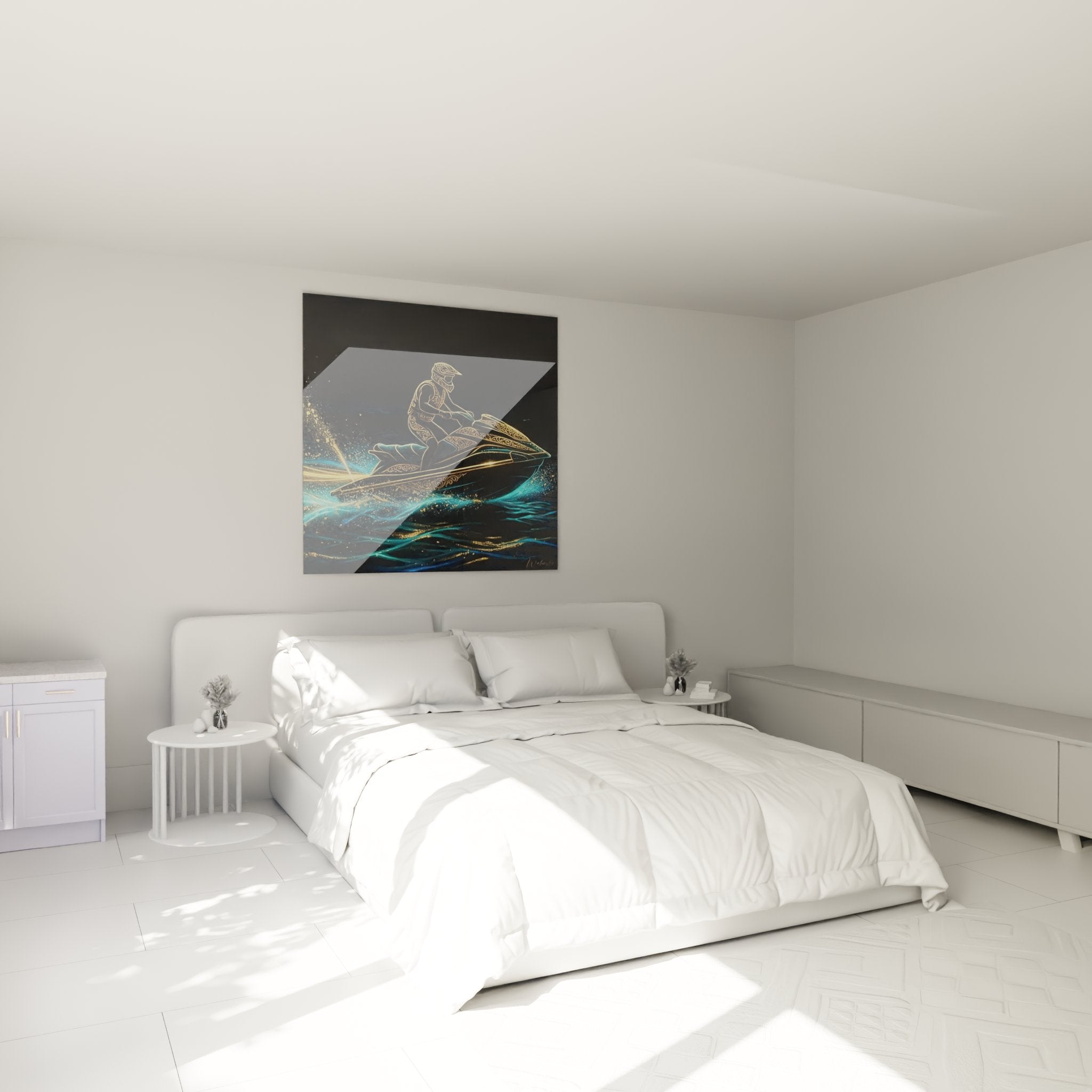 Décoration chambre avec tableau jetski doré créant ambiance moderne et dynamique sur mur