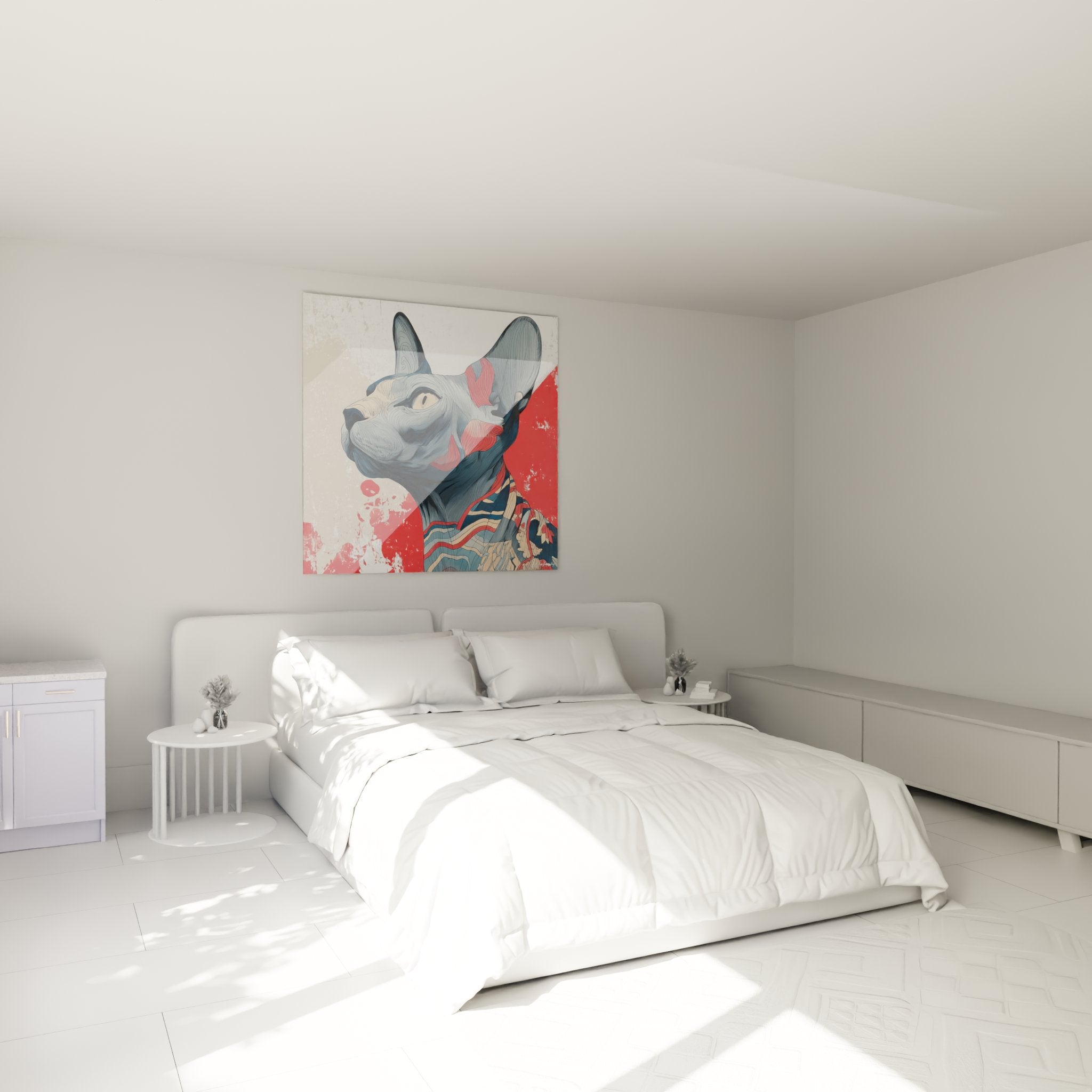 Quadro gatto Sphynx samurai che decora una camera moderna, arte murale warrior contemporanea