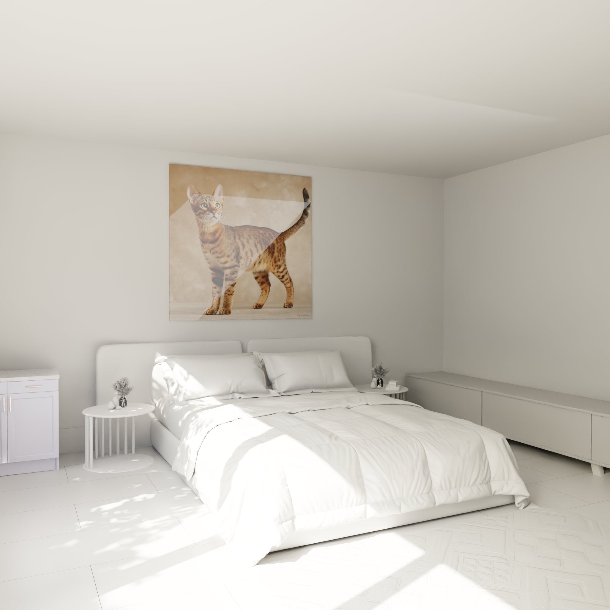 Elegantes Katzenbild Serengeti im modernen Schlafzimmer, zeitgenössische Wandkunst Katzendekor