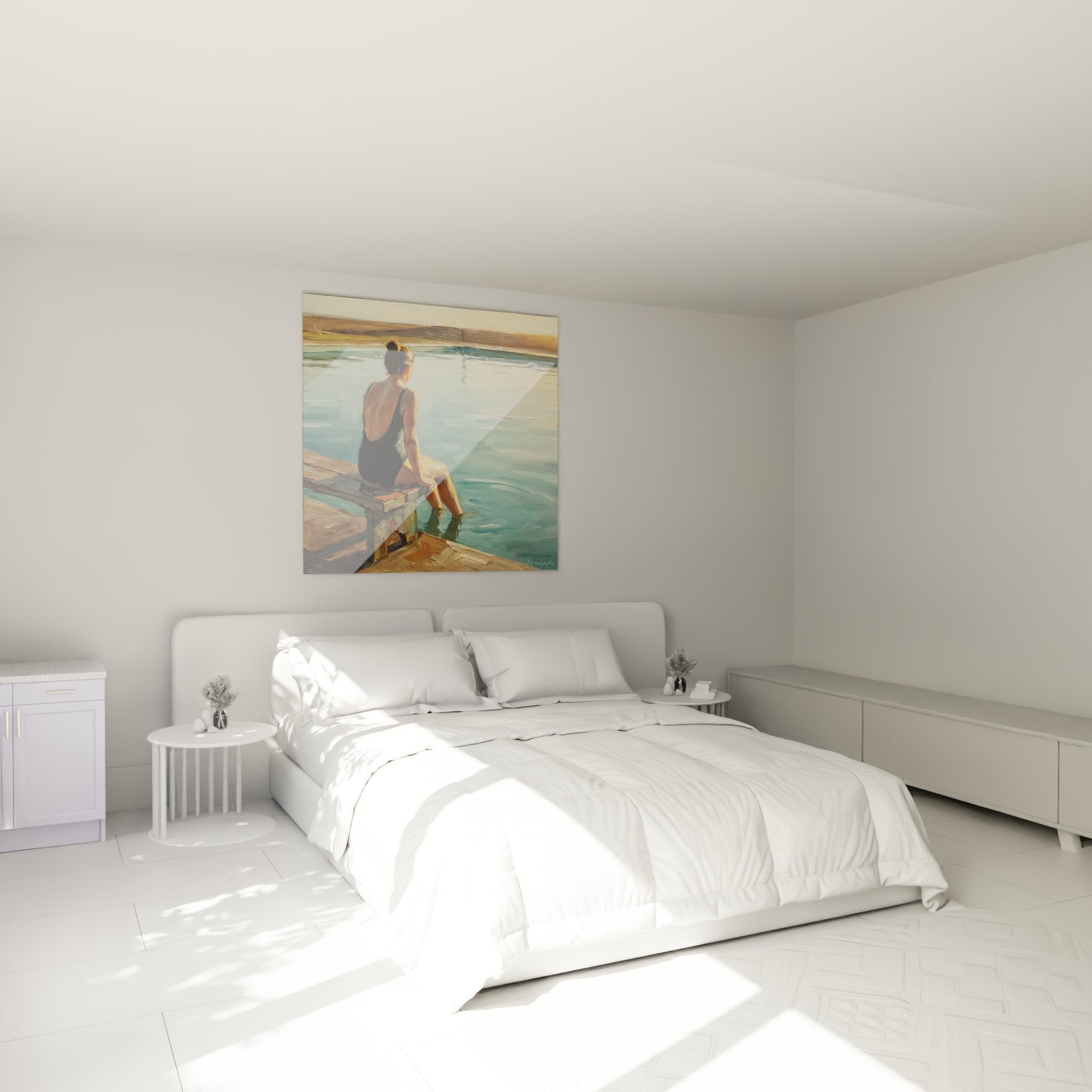 Tableau art aquatique femme au bord de l'eau dans chambre moderne avec décoration zen et apaisante