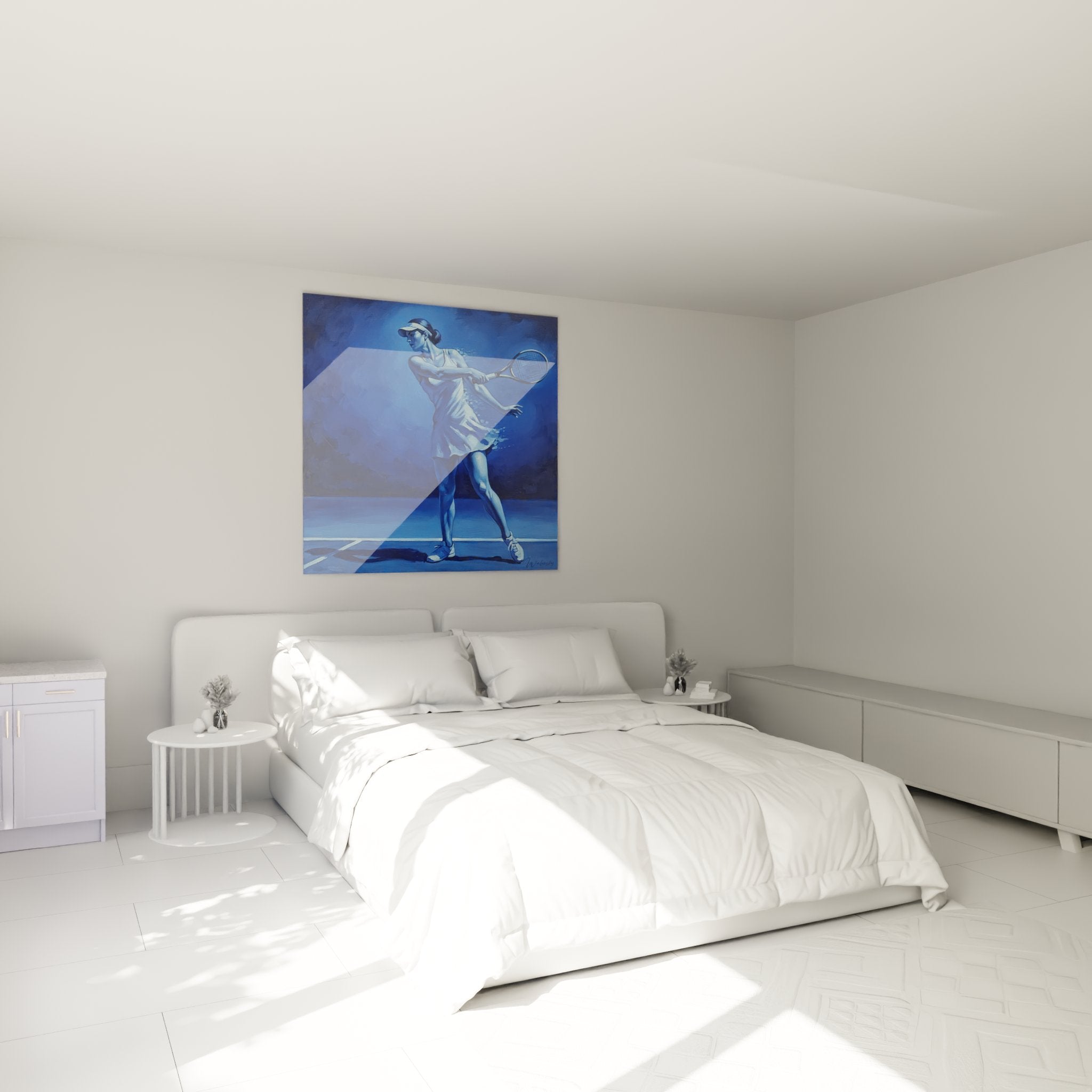 Decoration chambre tableau tennis bleu femme sport moderne art mural ambiance contemporaine