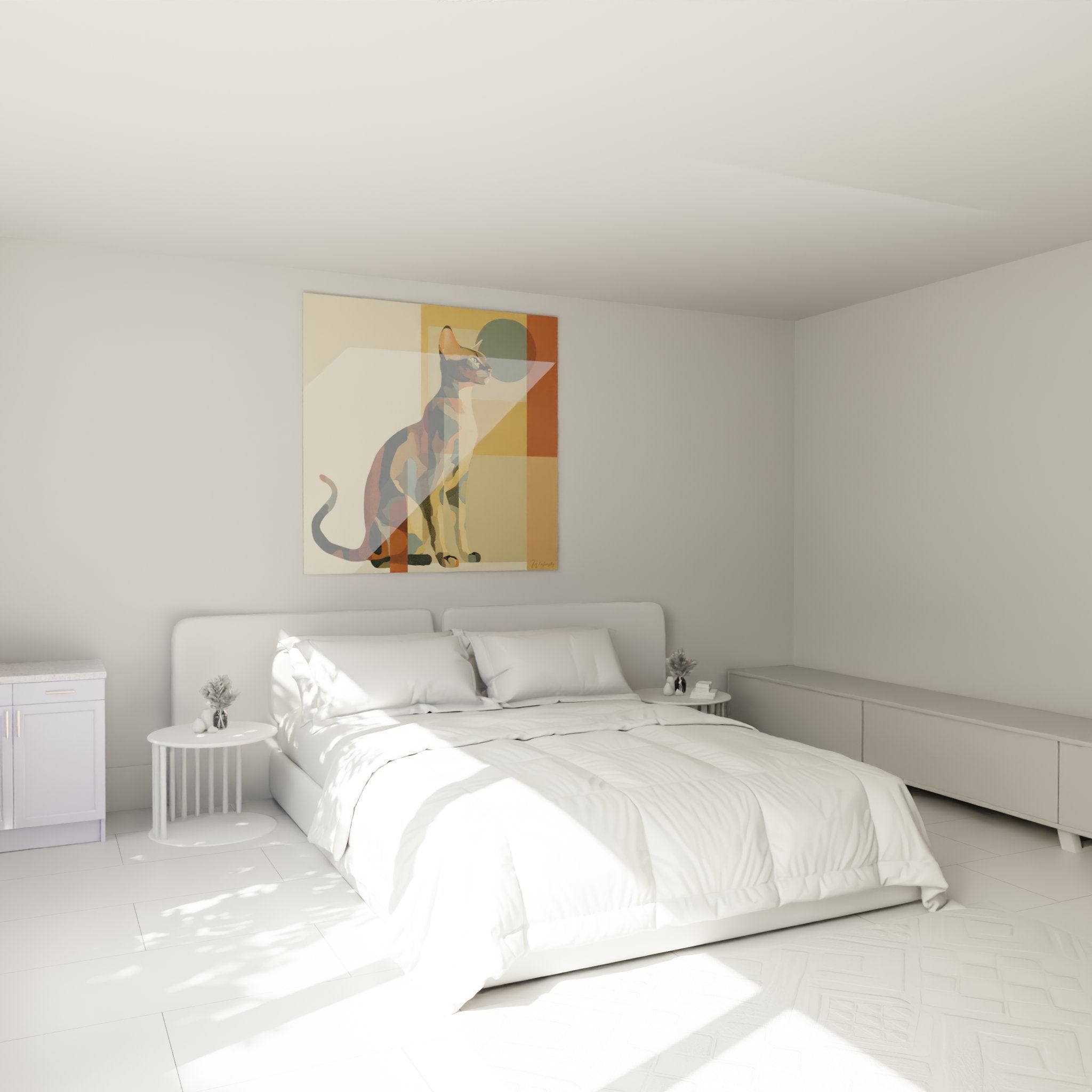 Decorazione camera da letto con quadro gatto geometrico moderno nei toni caldi che crea un'atmosfera accogliente