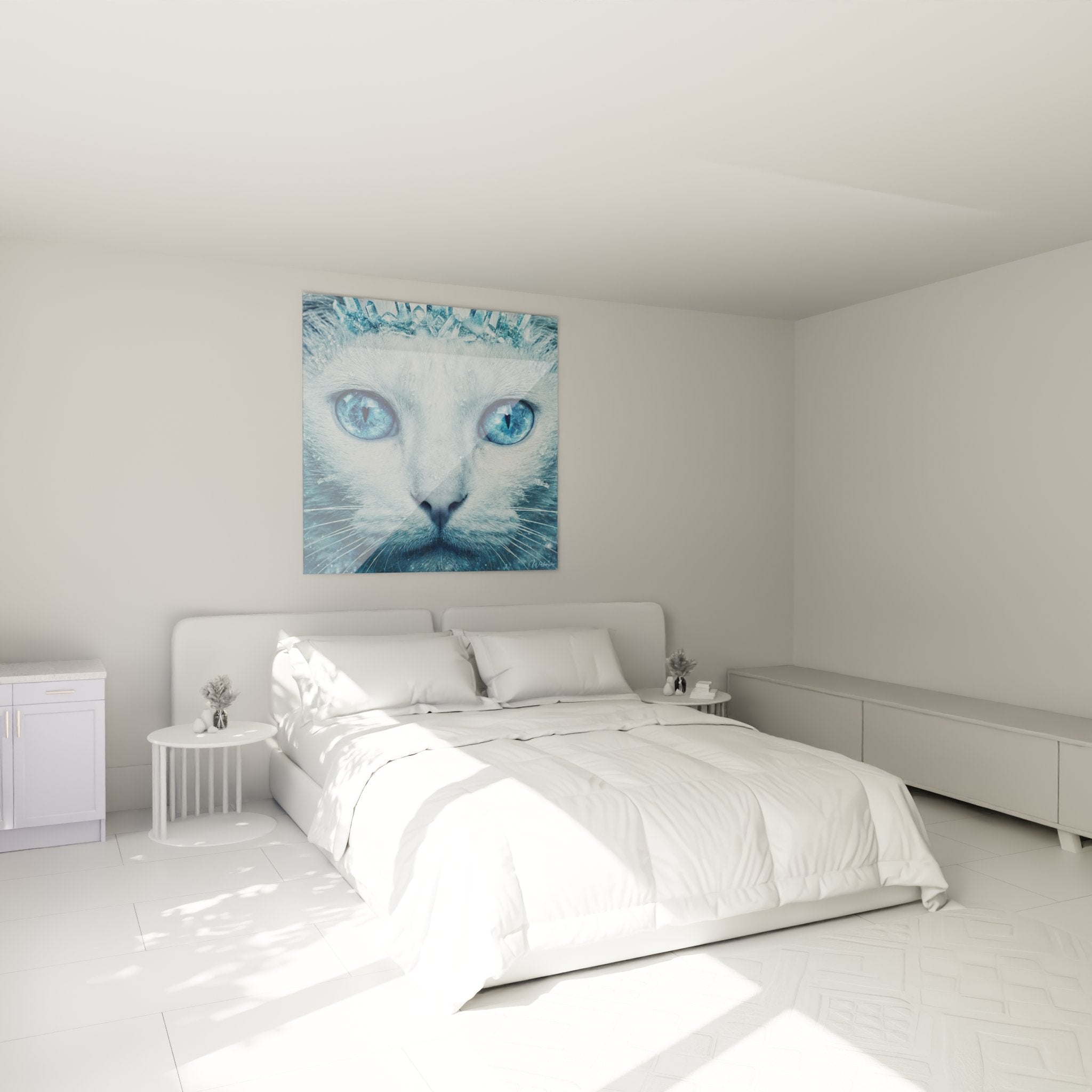 Tableau mural chat Khao Manee cristaux glace dans chambre moderne, decoration murale art felin yeux bleus