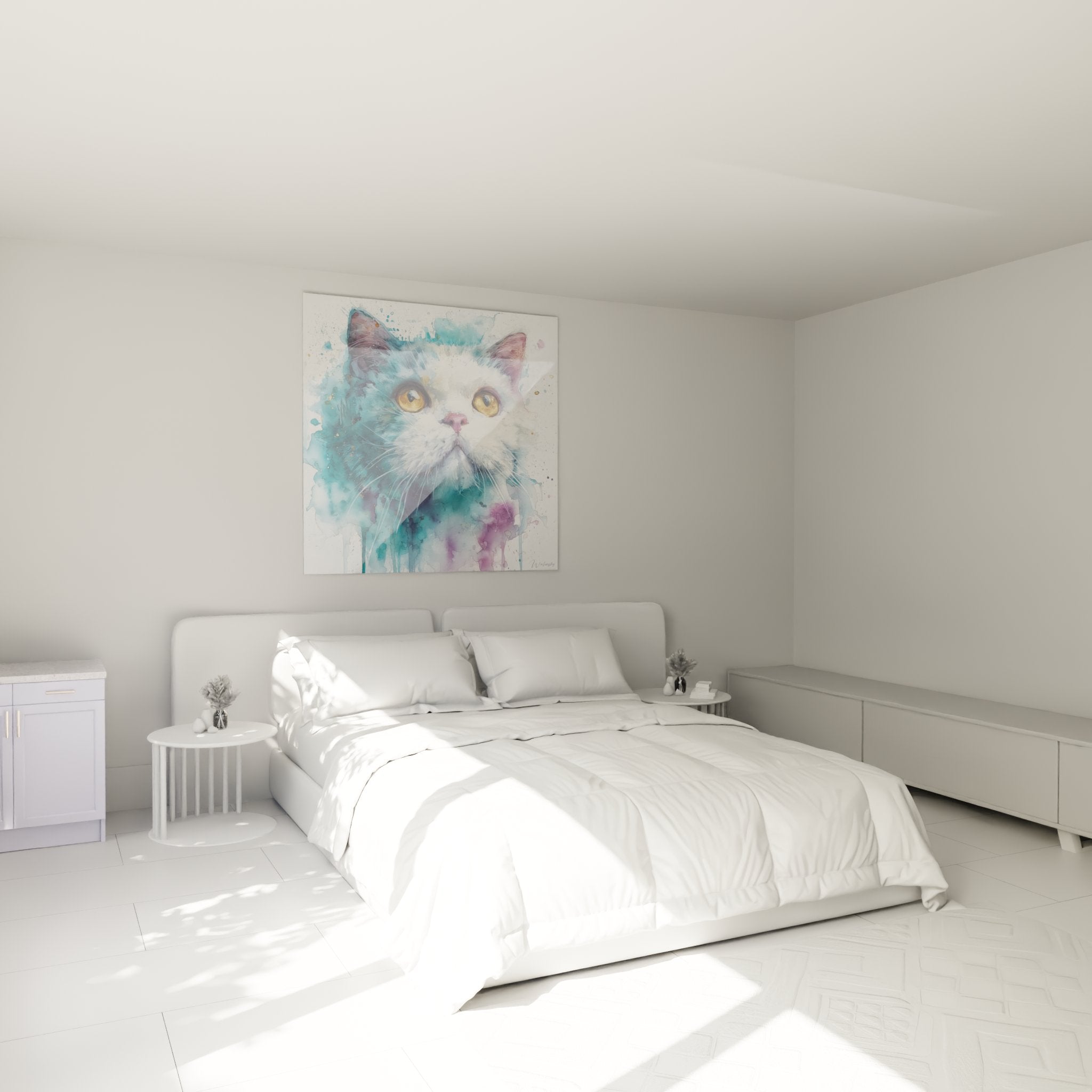 Aquarell-Katzenbild im Schlafzimmer moderne Wanddekoration Felien-Kunst Selkirk Rex gemütliche Atmosphäre