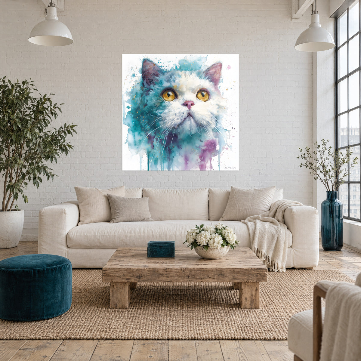 Πίνακας γάτα Selkirk Rex με χρυσά μάτια, τυρκουάζ γούνα και λευκό μουσούδι, μωβ παφλασμοί, πάνω από καναπέ σε φωτεινό σαλόνι