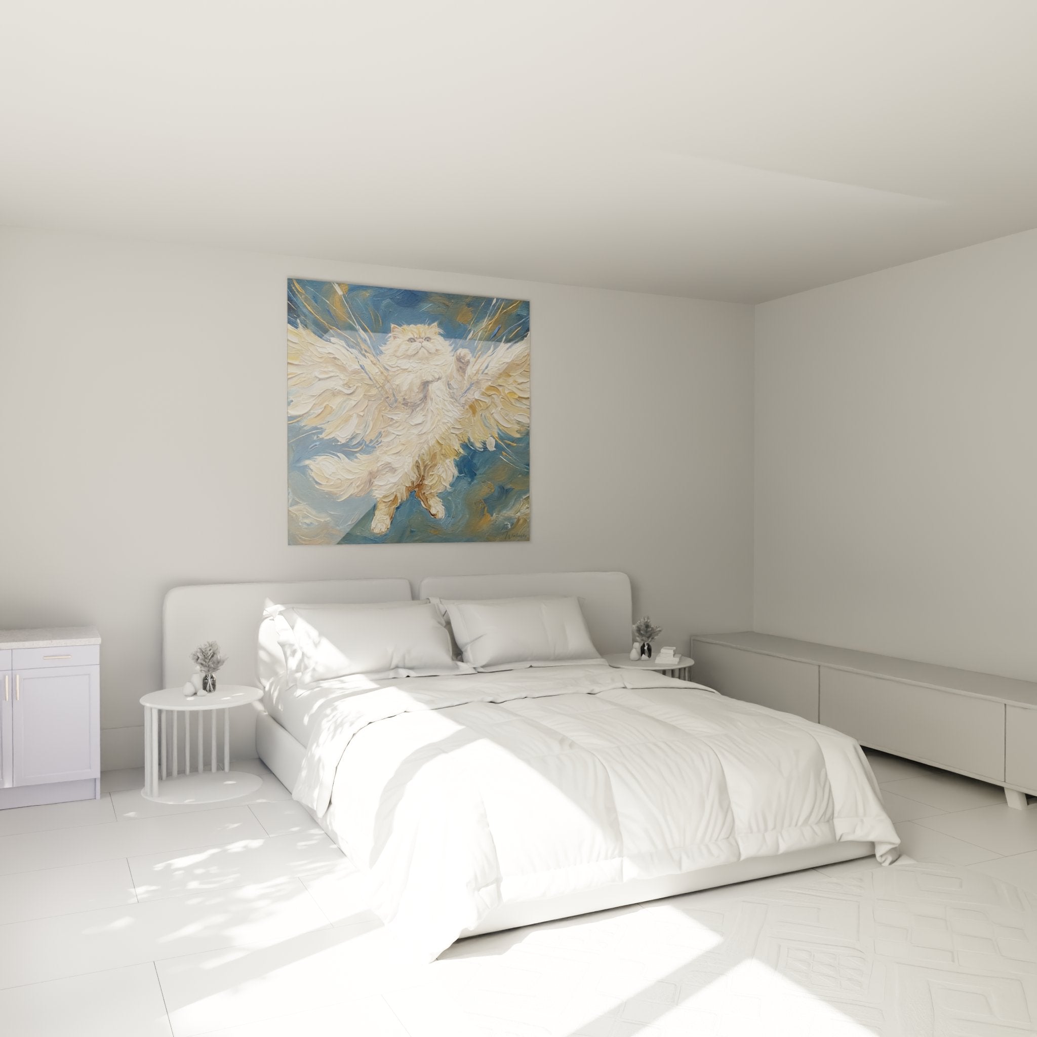 Quadro gatto Persiano angelico appeso in camera moderna, decorazione murale arte felina con ali dorate