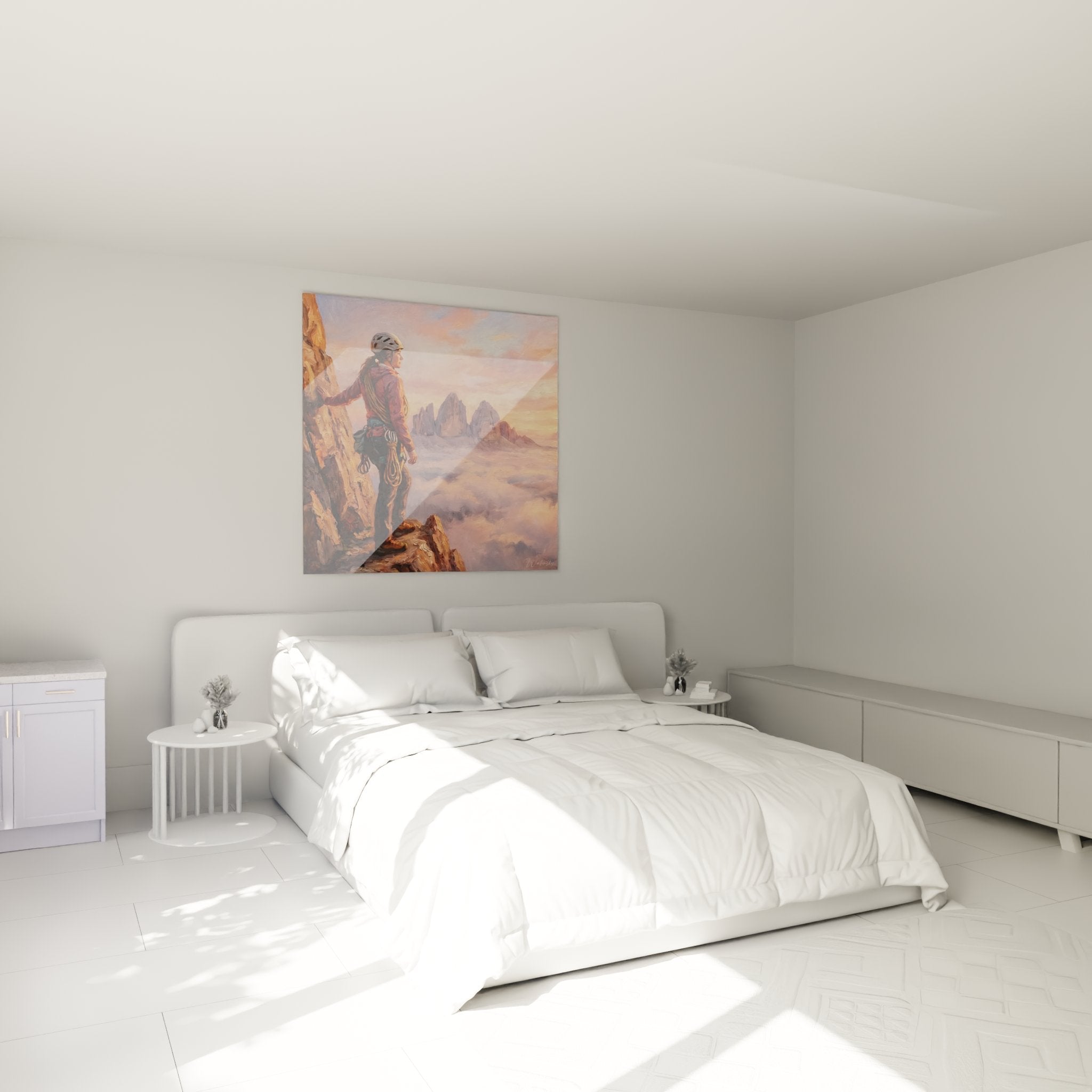 Wall decoration climbing in modern bedroom with mountain climber painting warm ambiance