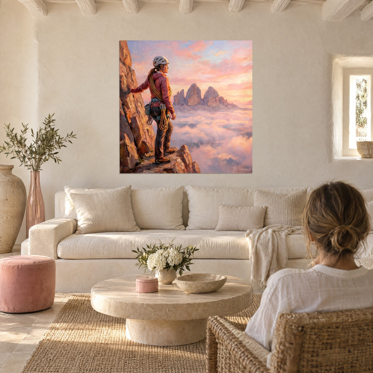 Wall art climber in helmet on a rocky ledge, pink and ochre golden mists, above a sofa in a bright living room