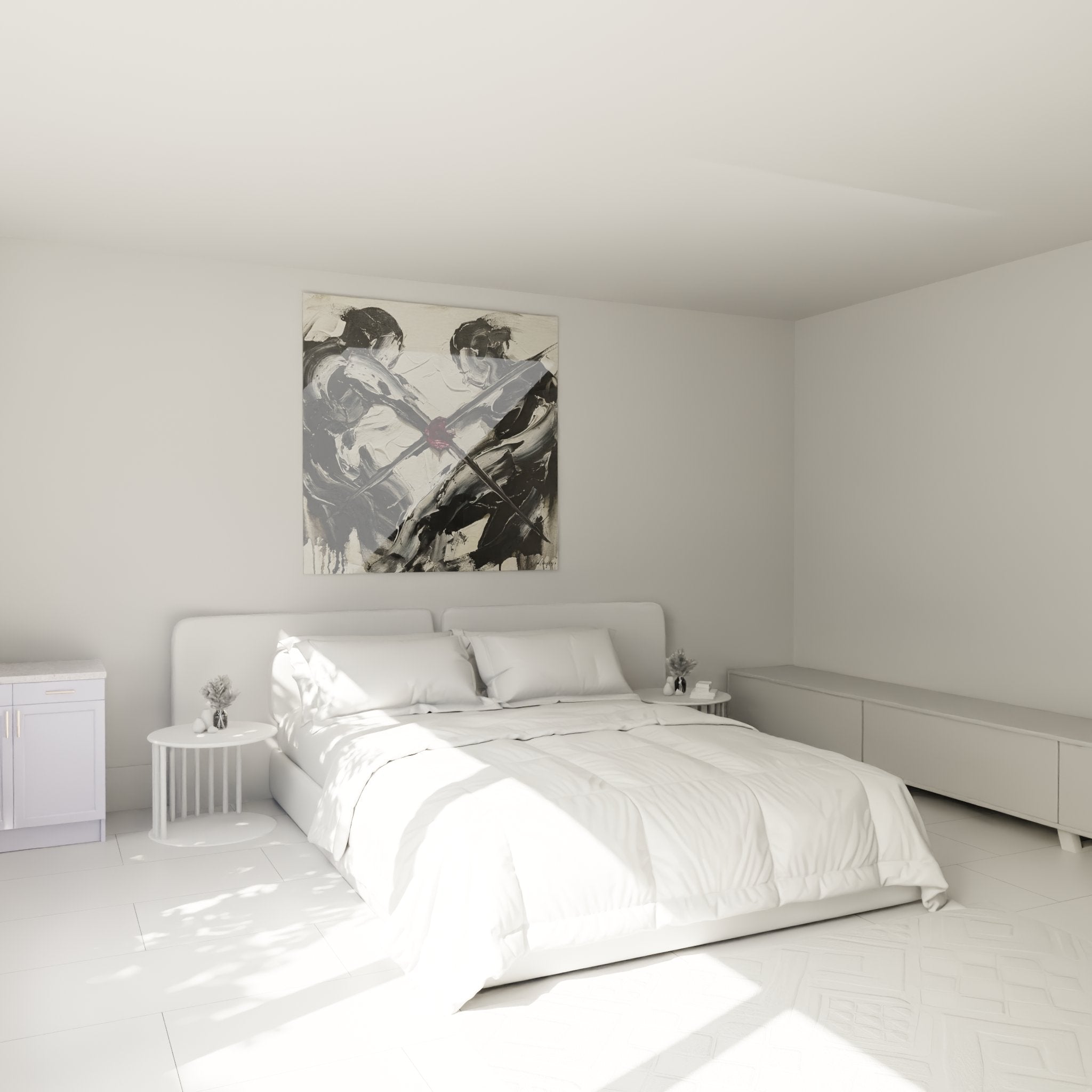 Fencing wall art in modern bedroom, crossed swords duel painting, elegant martial arts artwork