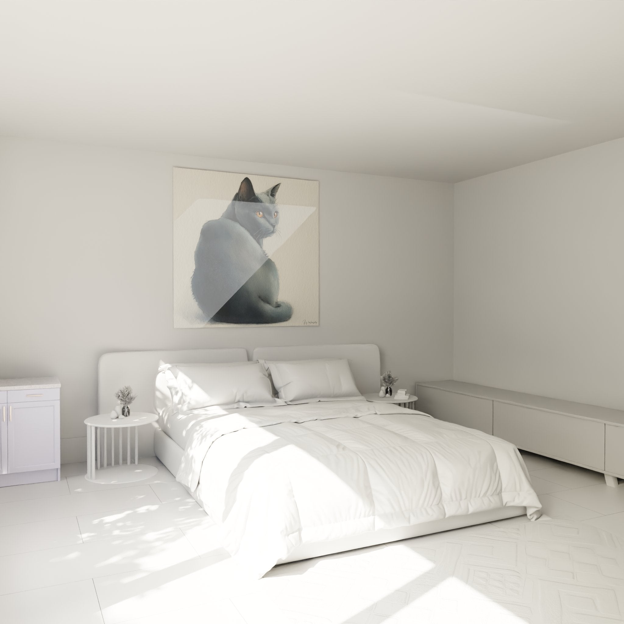 Tableau chat Chartreux décorant une chambre moderne, ambiance apaisante avec portrait félin gris-bleu