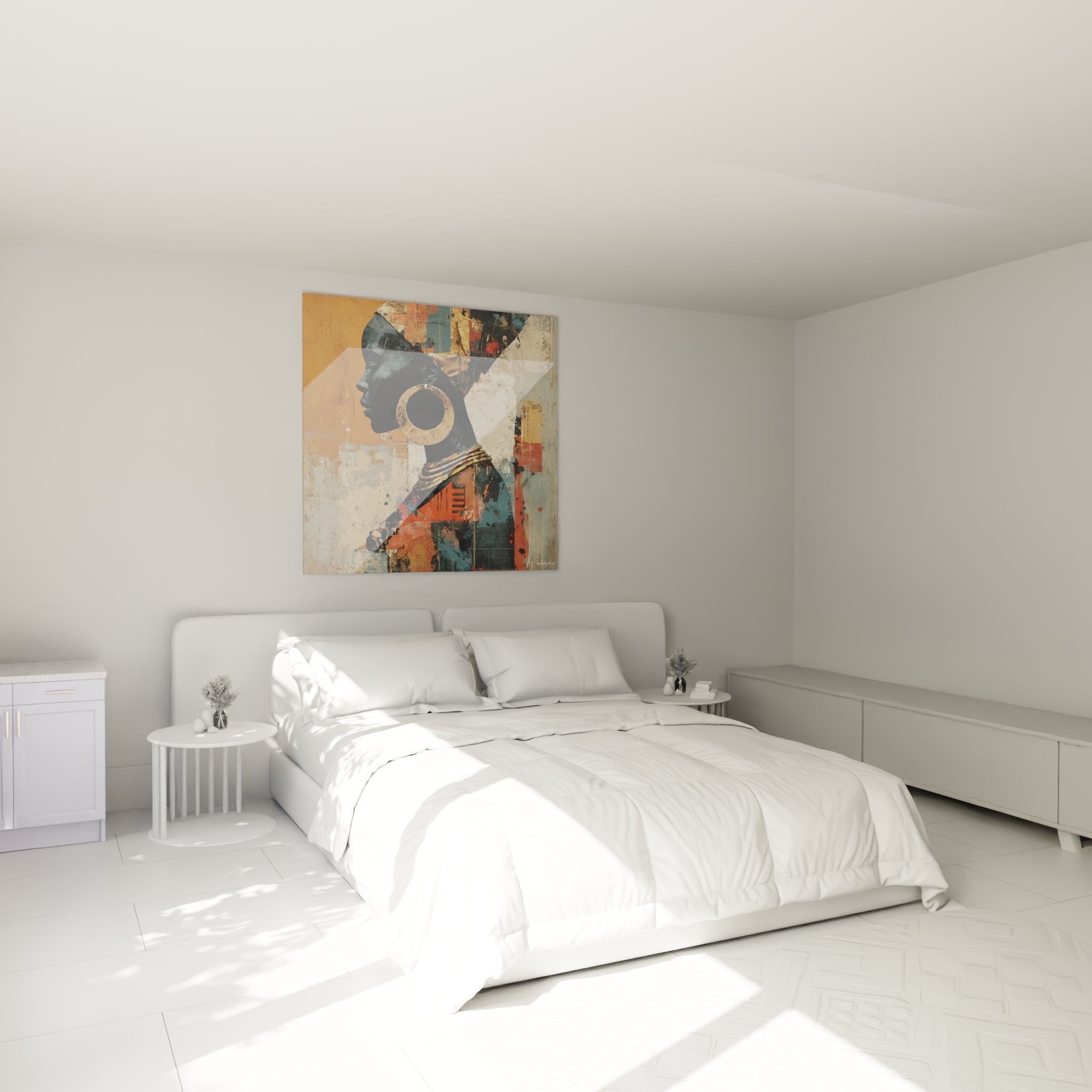Porträt einer afrikanischen Frau in modernem Schlafzimmer, Wandkunst zeitgenössische Dekoration warme Töne