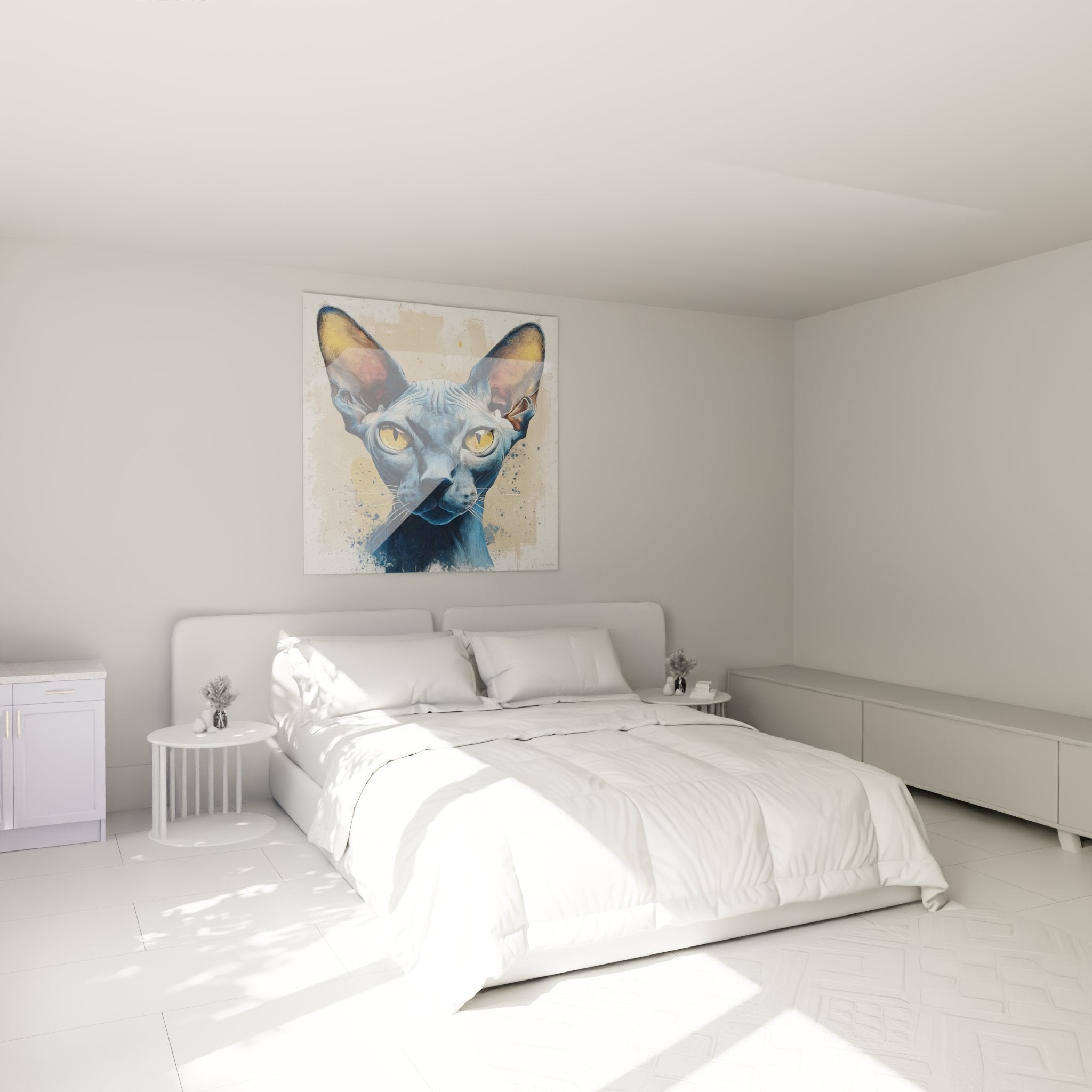 Sphynx cat artwork with golden eyes decorating a modern bedroom with blue artistic style