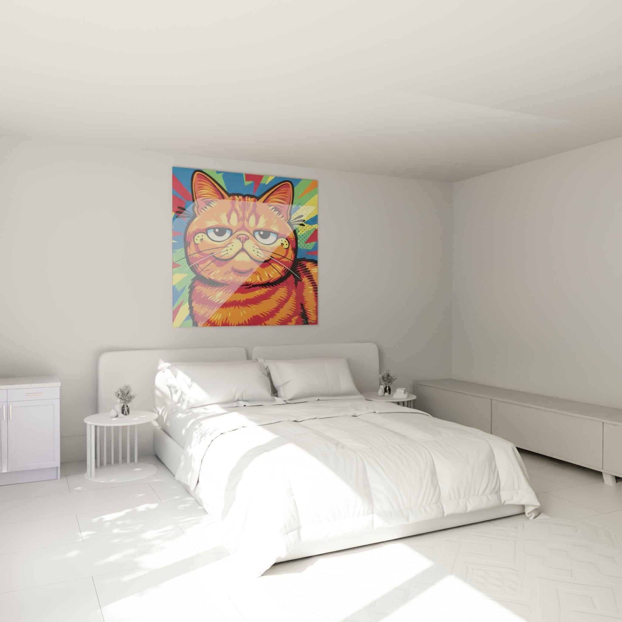 Buntes Pop-Art-Katzenbild an moderner Schlafzimmerwand aufgehängt Wanddekoration Exotic Shorthair