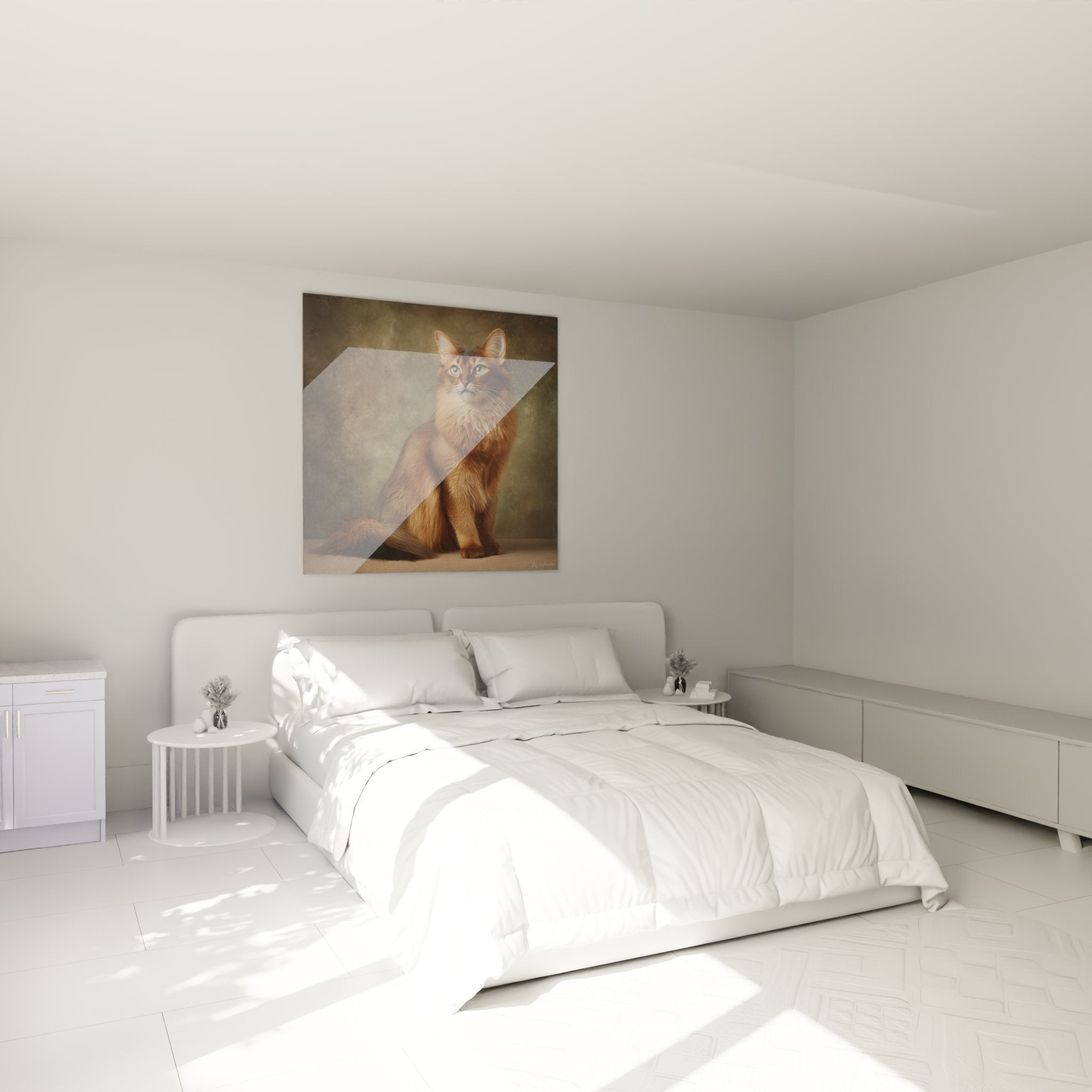 Tableau chat Somali roux décorant une chambre moderne, art félin mural aux tons chauds et apaisants