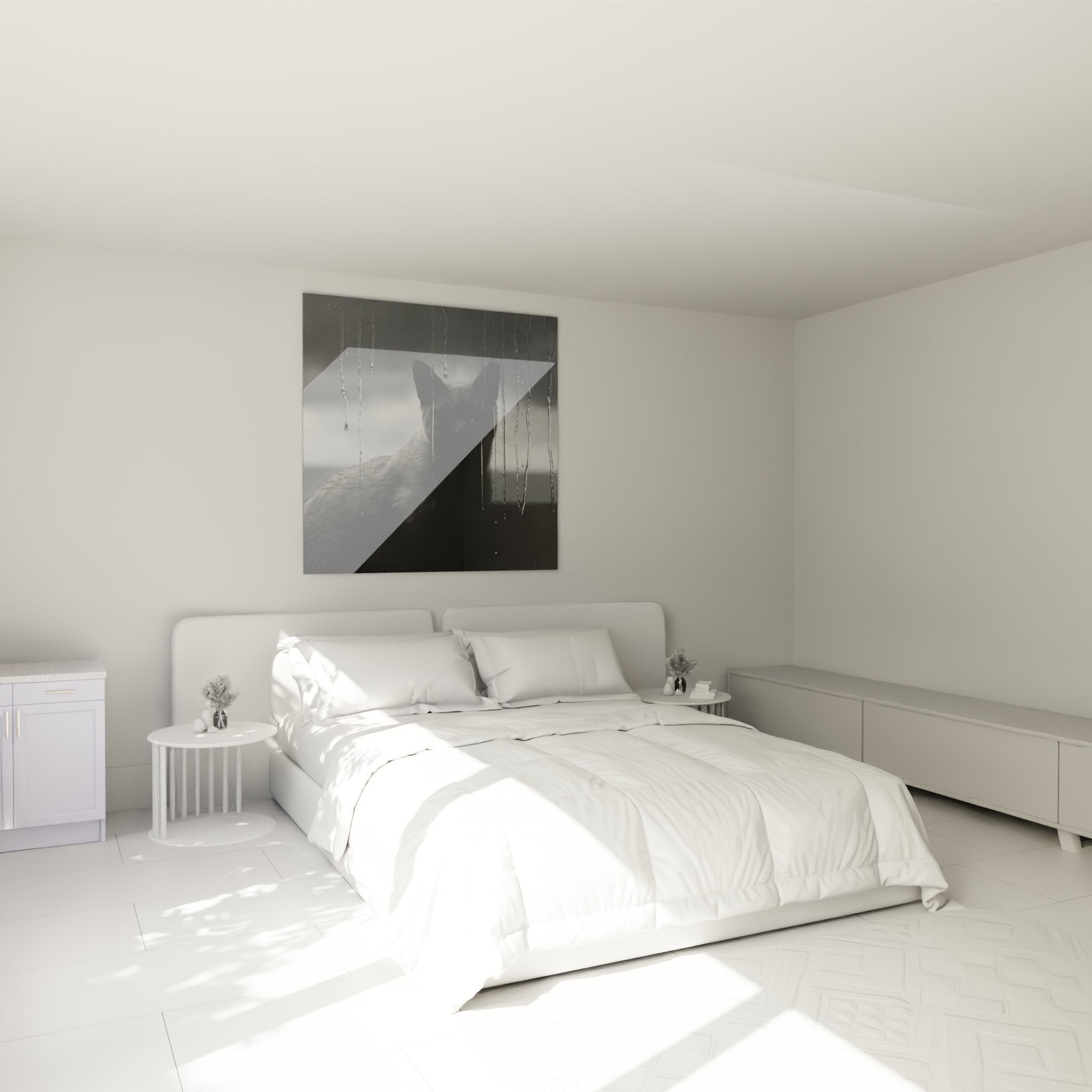 Déco chambre avec tableau chat Korat sous la pluie au-dessus du lit