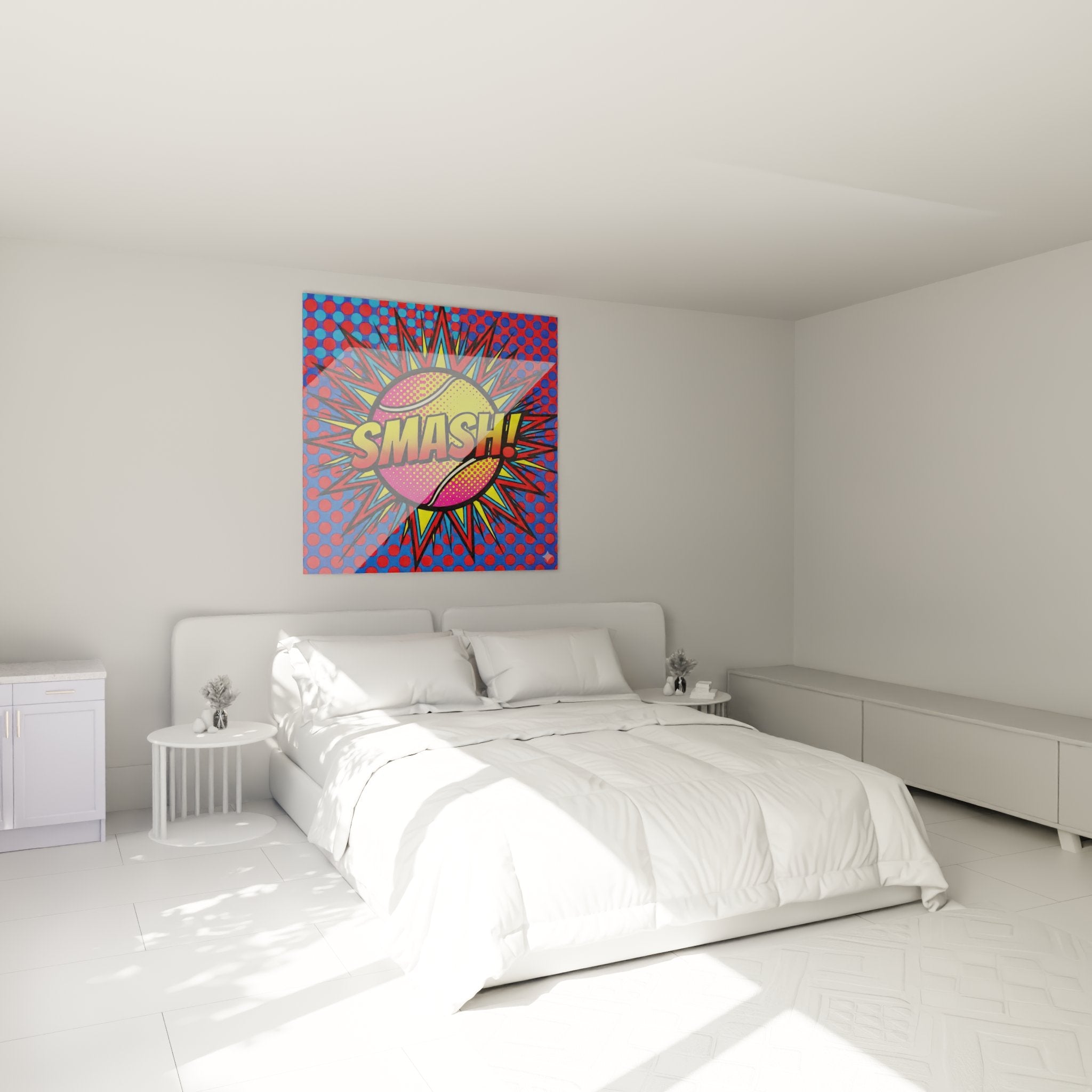 Tableau pop art tennis SMASH dans chambre moderne, explosion graphique colorée sur mur blanc contemporain