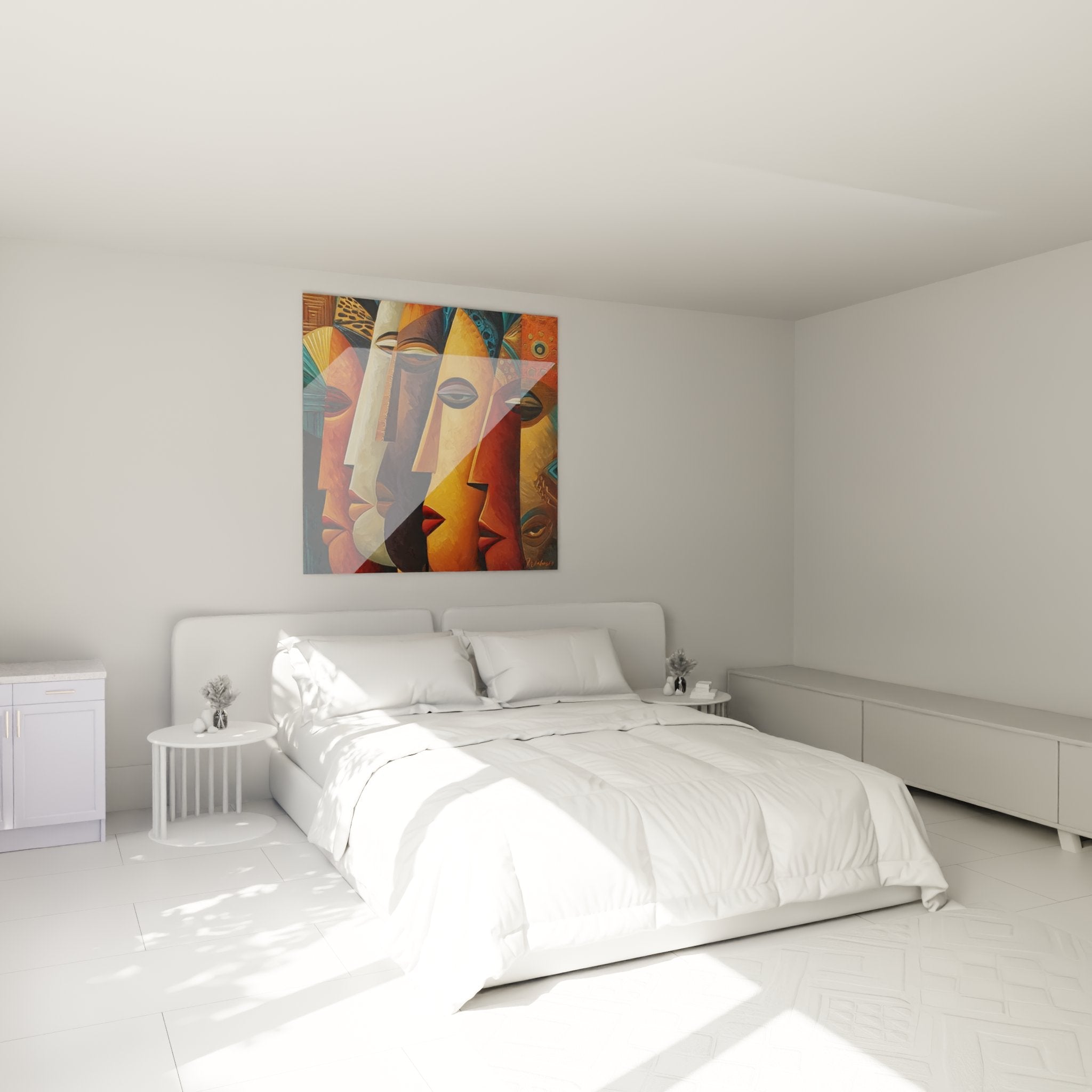 Decorazione murale camera da letto con quadro maschere africane cubiste nei toni naturali e motivi geometrici