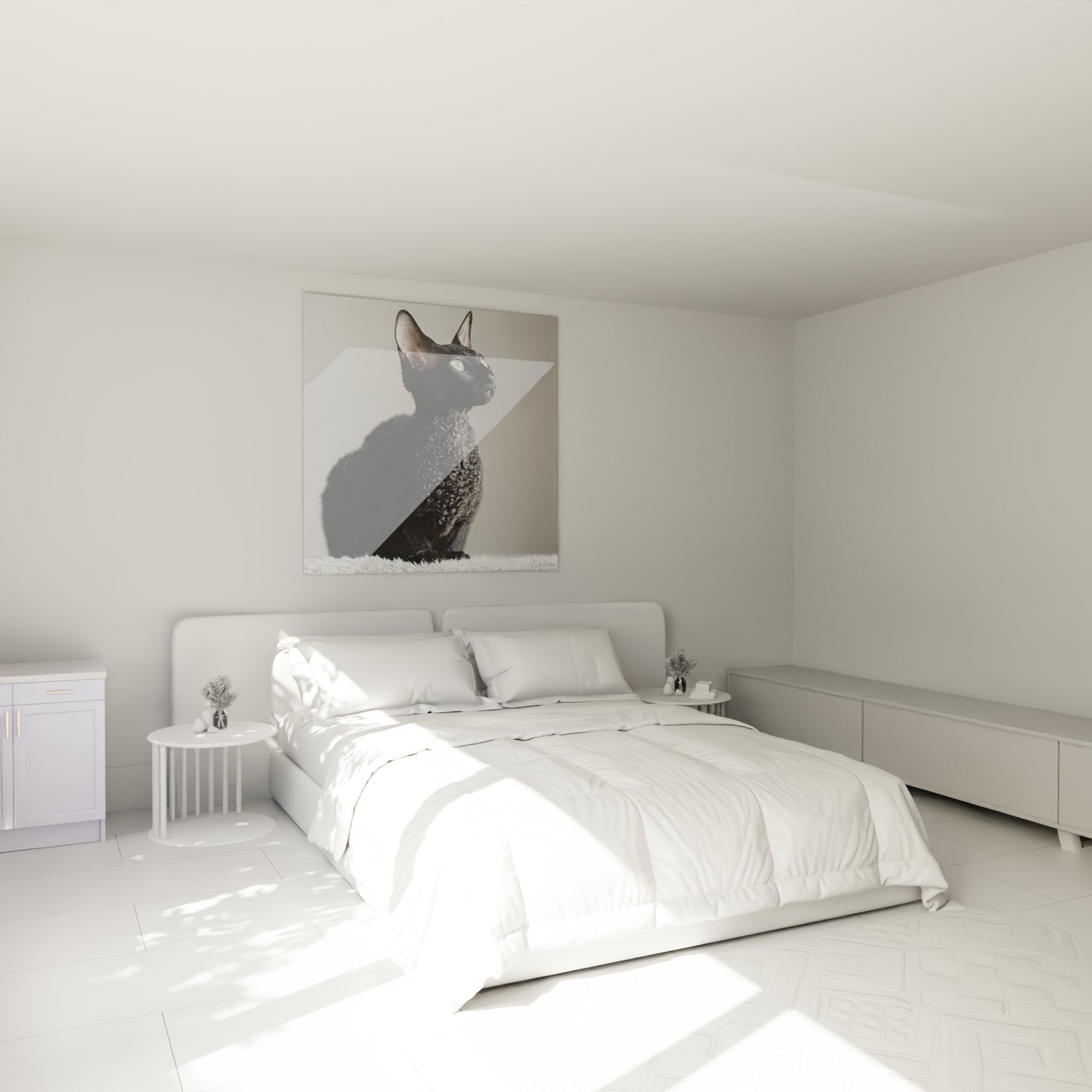 Quadro gatto Cornish Rex nero decora camera moderna, ritratto elegante sopra il letto