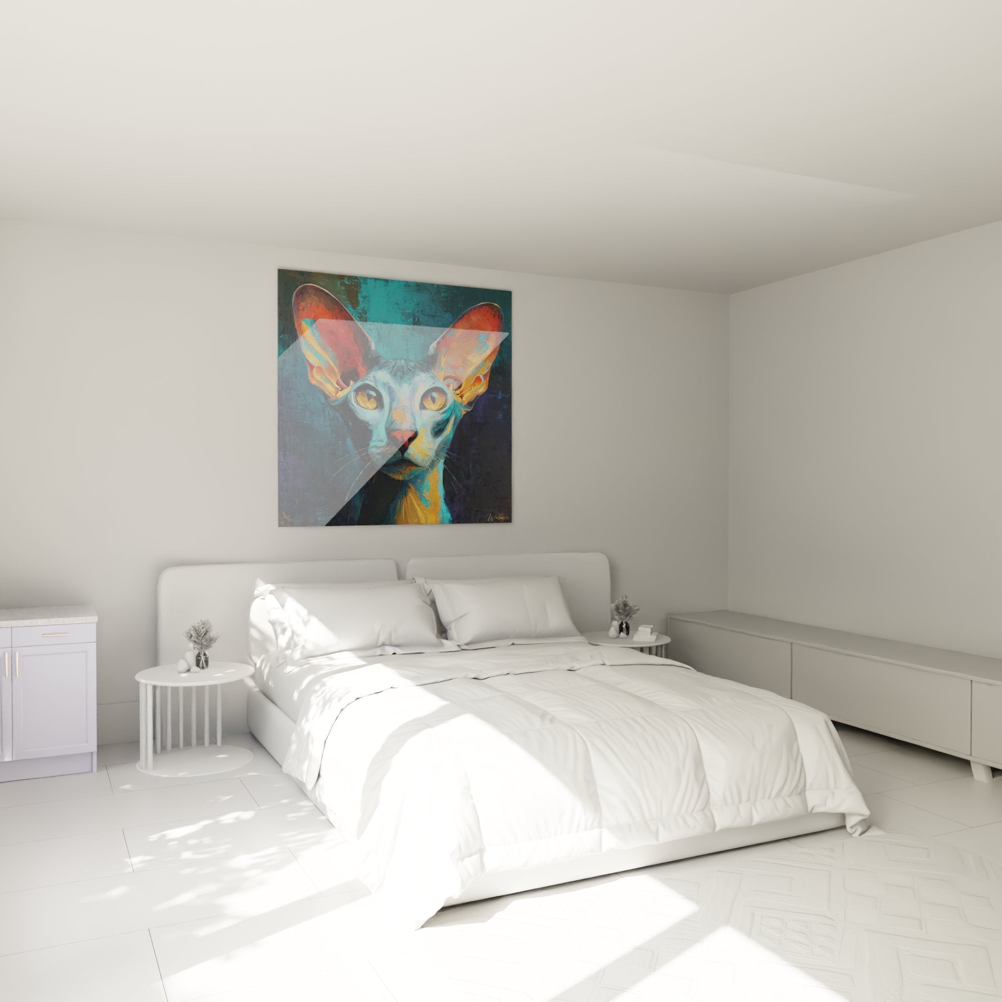 Tableau chat Oriental Shorthair artistique accroche dans chambre moderne, decoration murale feline contemporaine