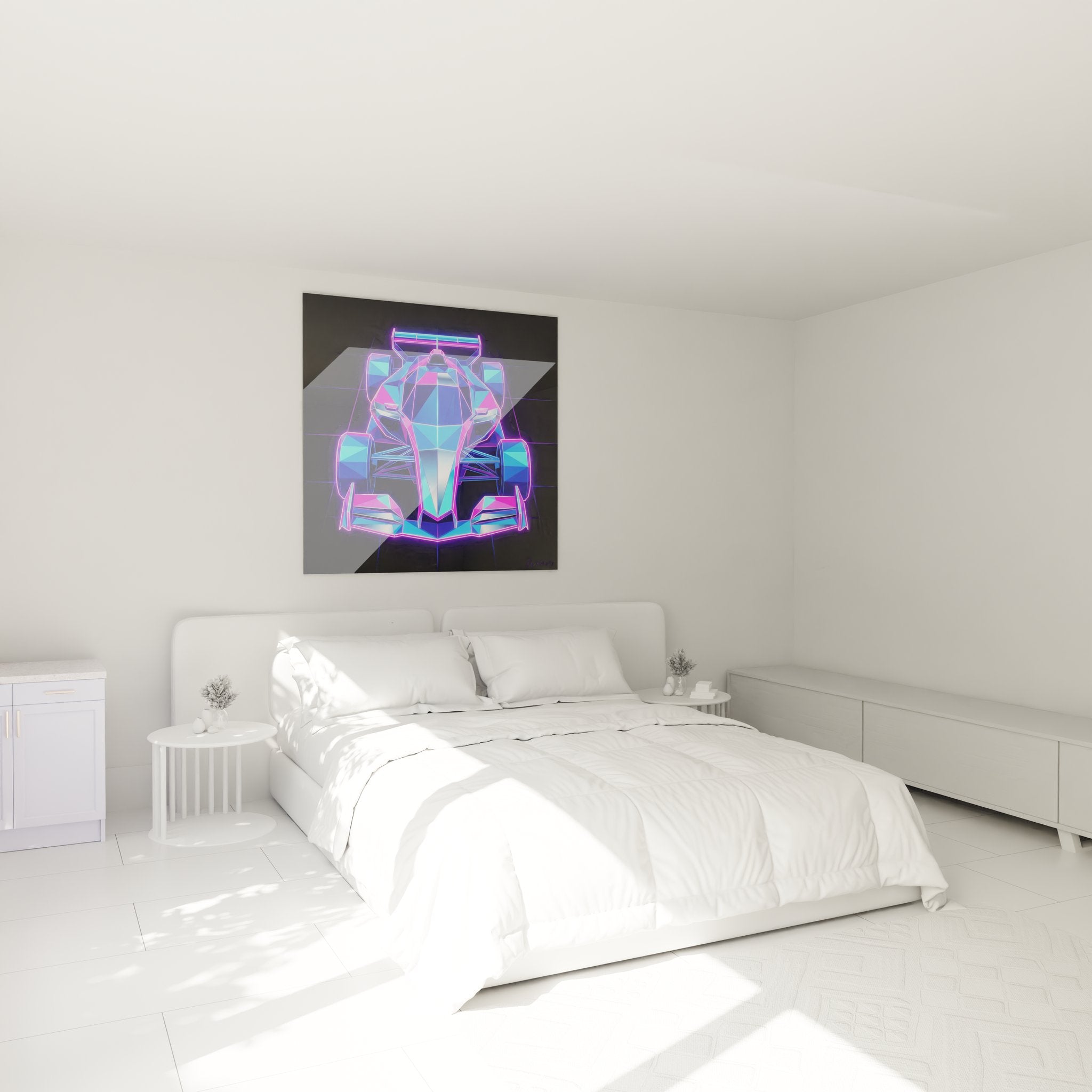 Decoration murale F1 neon dans chambre moderne avec eclairage ambiance synthwave cyberpunk