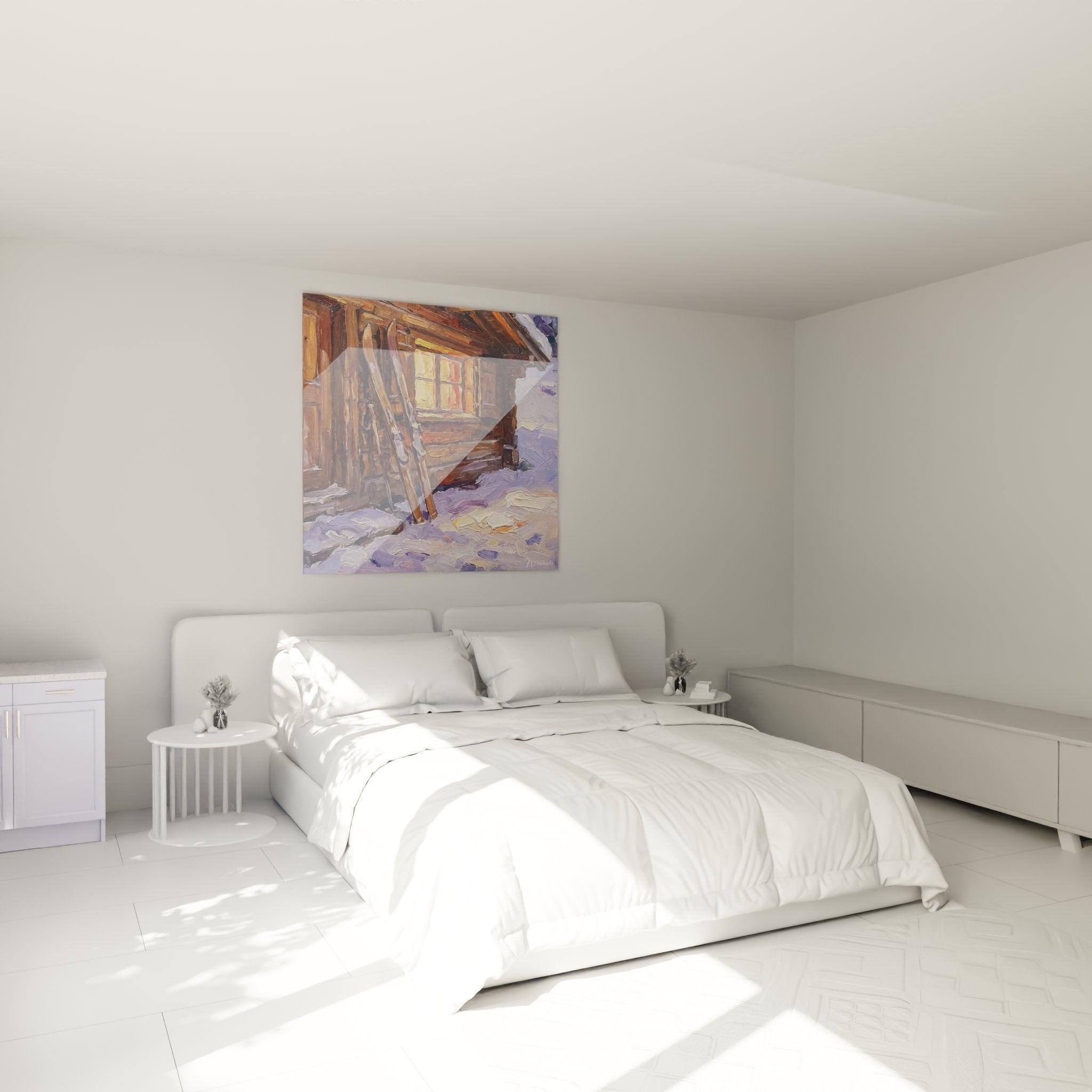 Décoration murale chalet montagne dans chambre moderne style ski alpin art impressionniste hiver