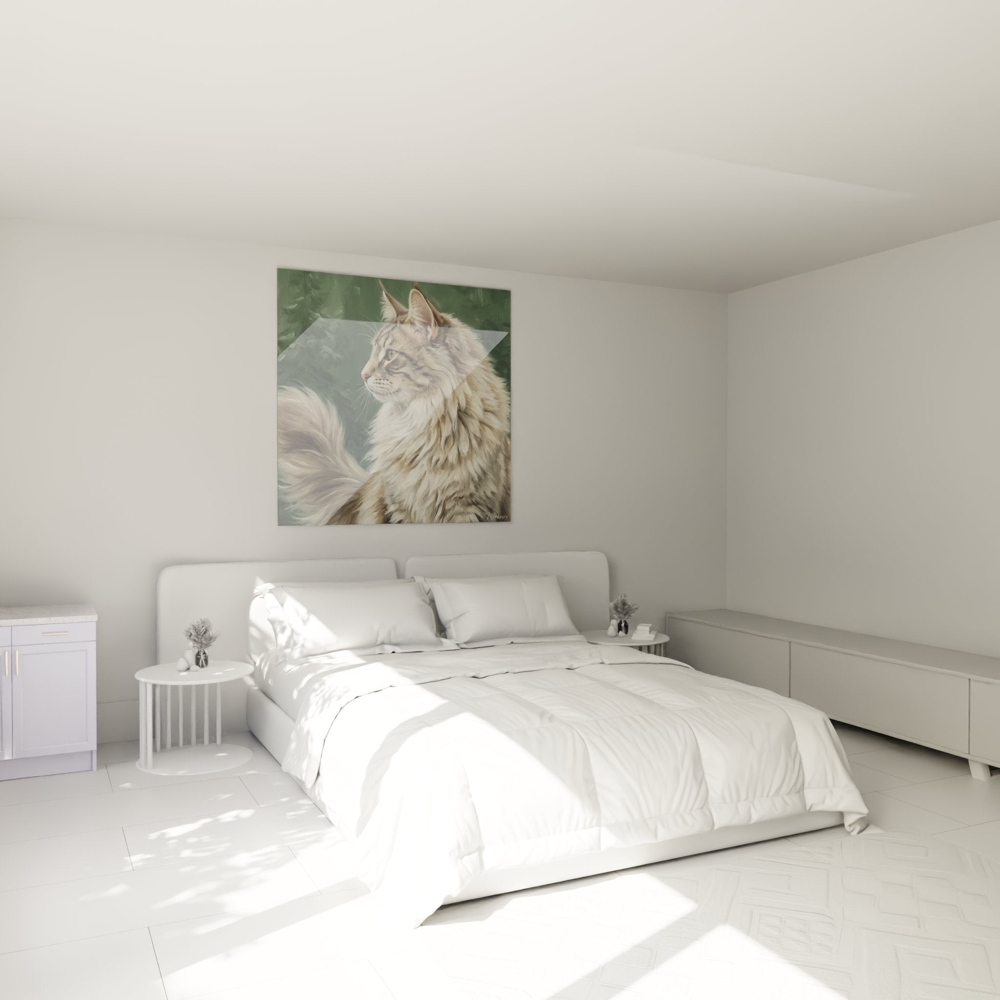 Tableau chat Norwegian Forest Cat dans chambre moderne, décoration murale féline, ambiance cosy nordique