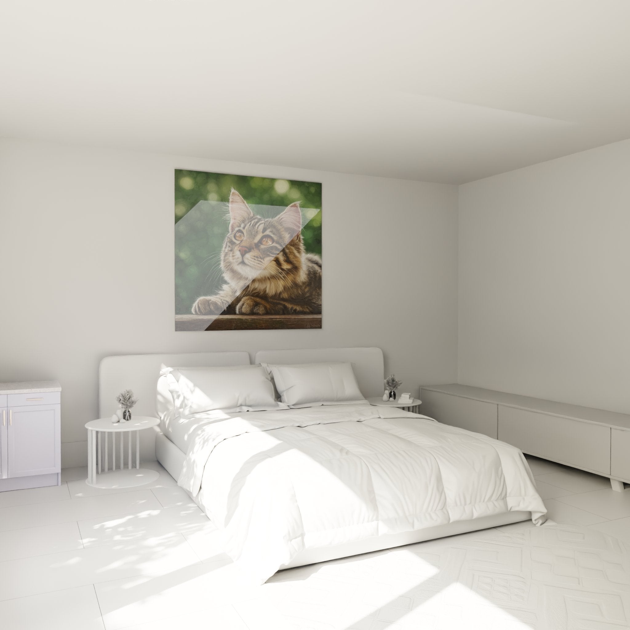 American Bobtail cat painting kitten decorating a modern bedroom with elegance and softness