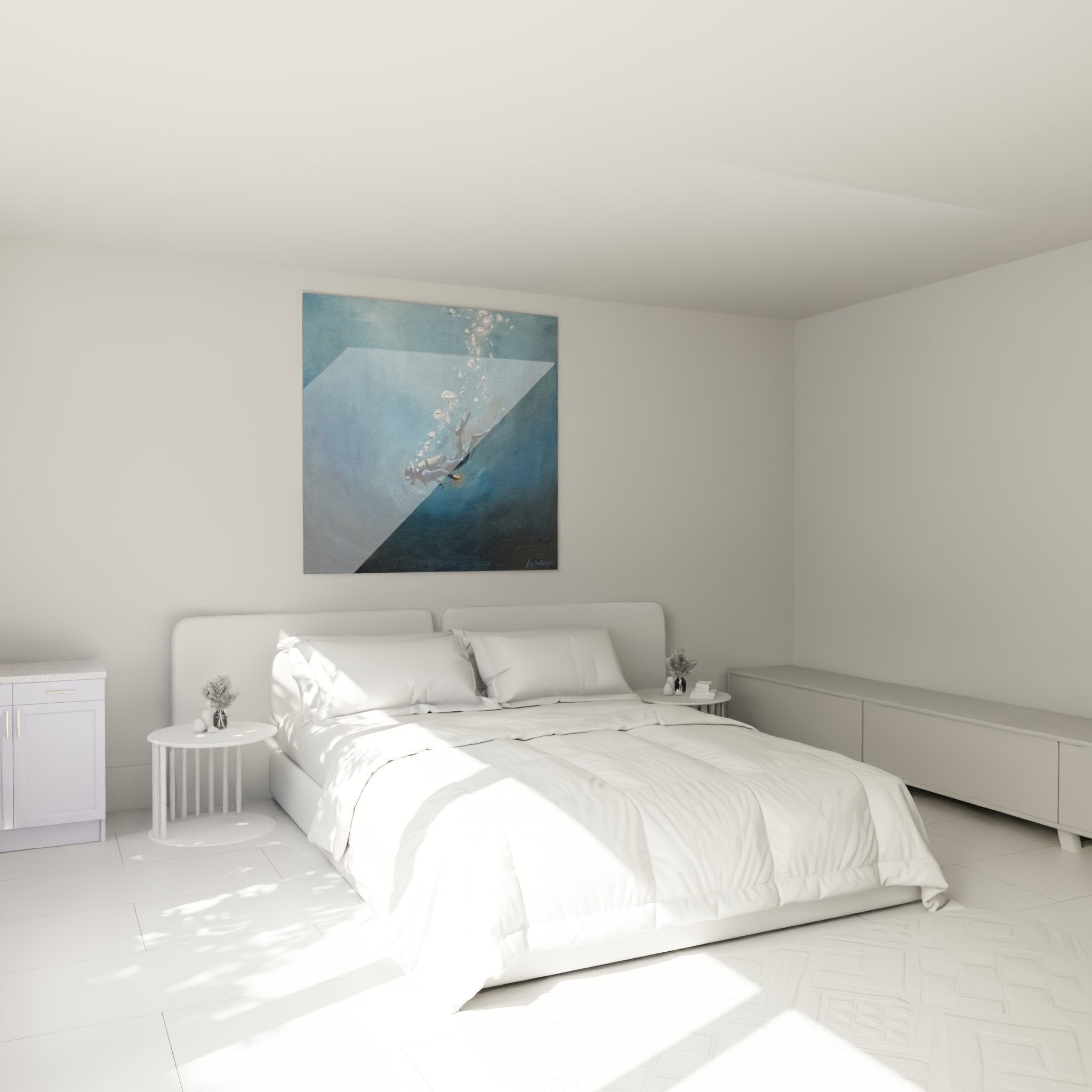 Tableau plongeur apnée décorant une chambre moderne, art mural bleu océan ambiance maritime contemporaine