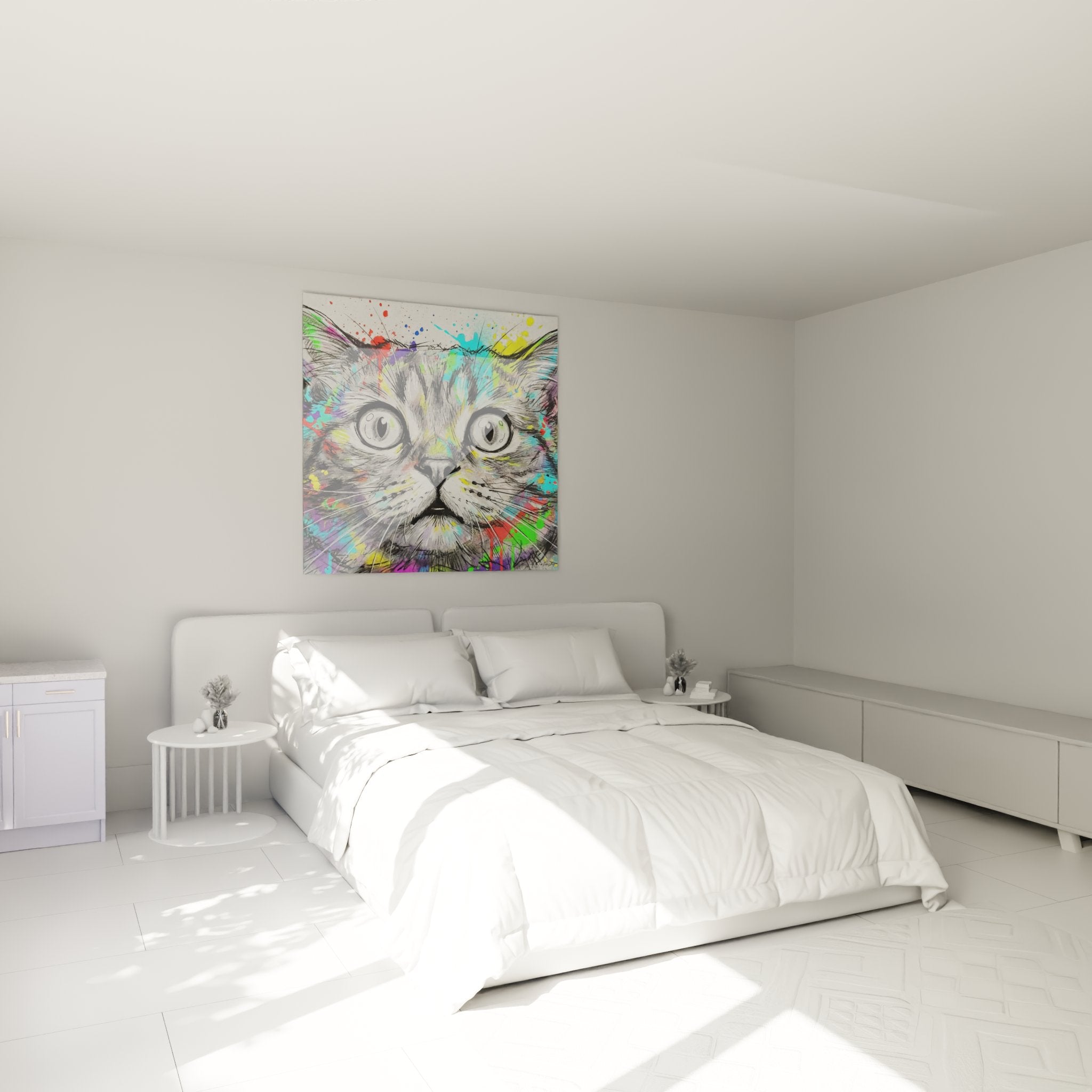 Colorful street art cat canvas decorating a modern bedroom with vibrant paint splashes