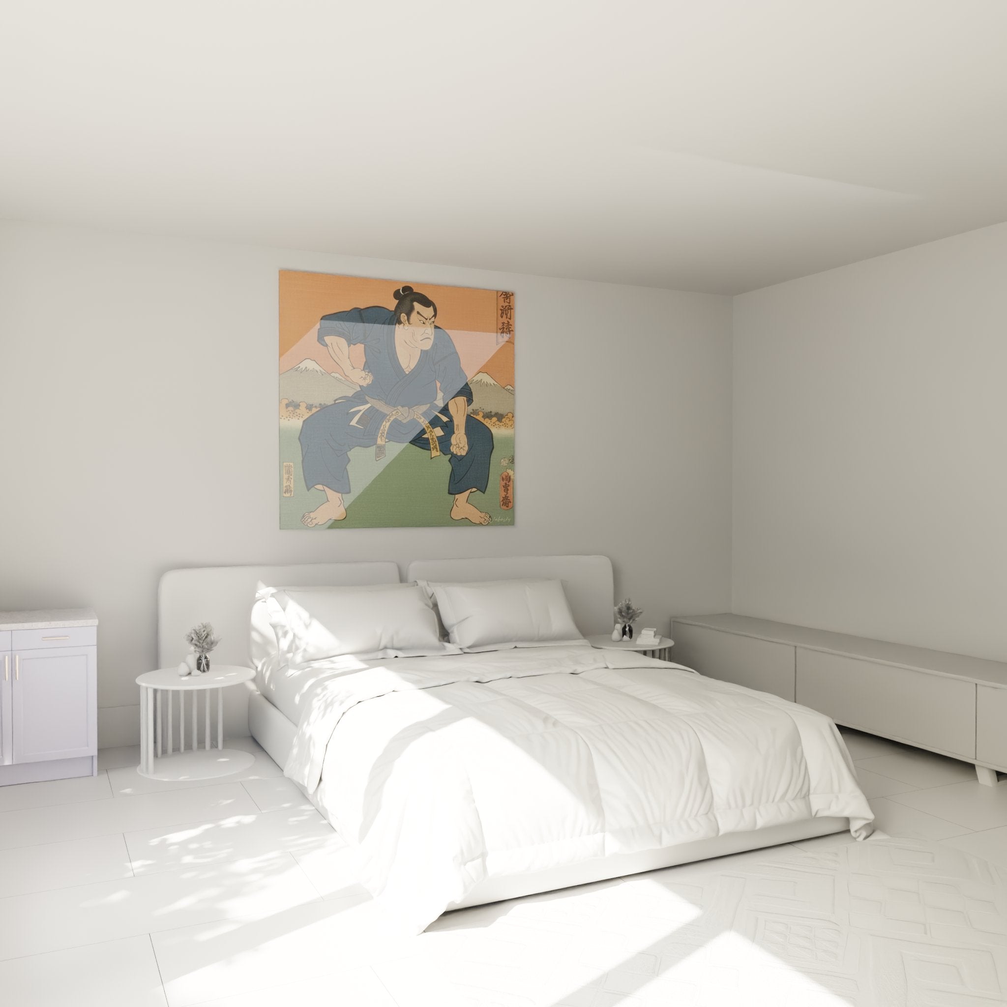 Décoration murale samouraï ukiyo-e dans une chambre moderne créant une ambiance zen et martiale