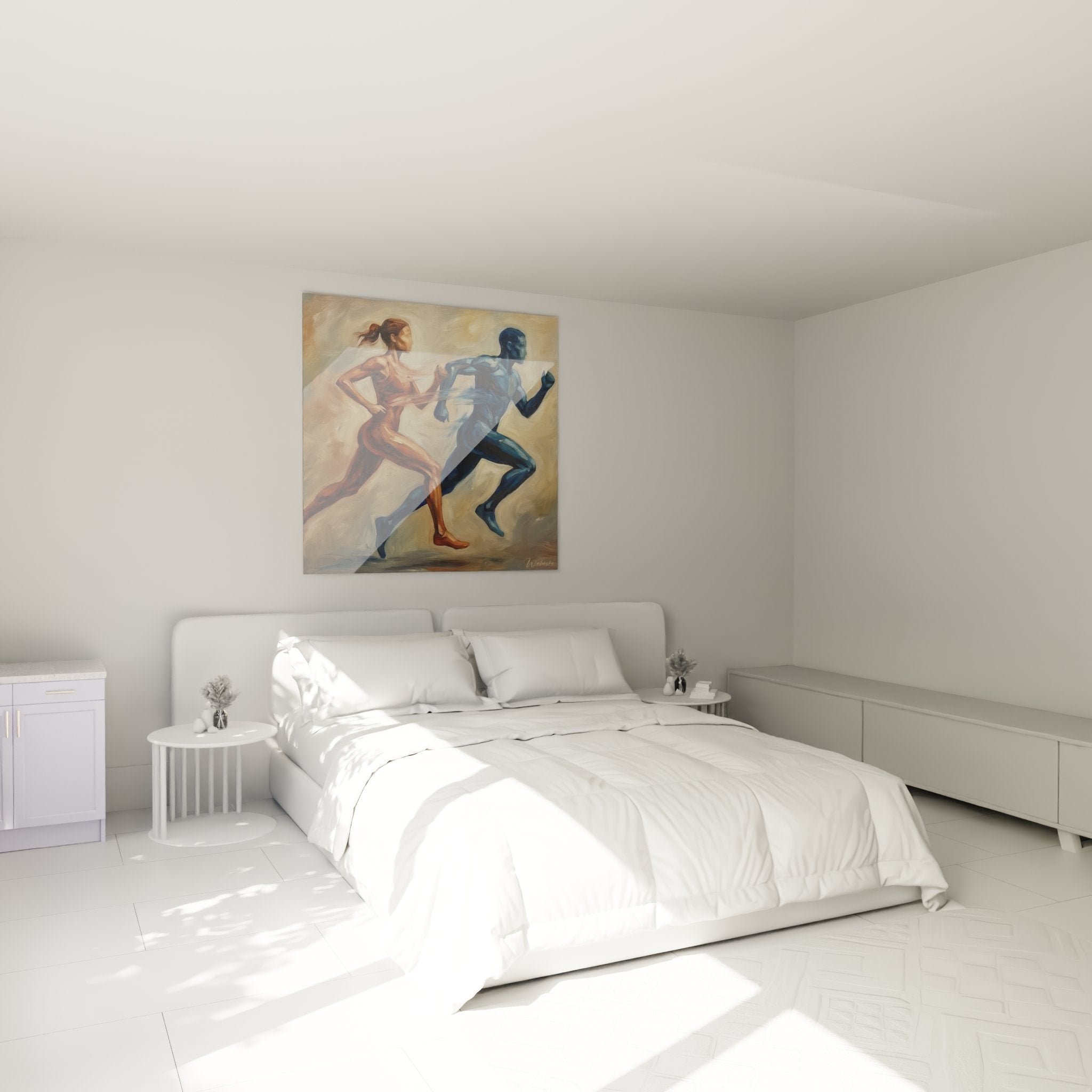 Tableau couple coureurs dans chambre moderne, décoration murale sportive, ambiance course à pied contemporaine