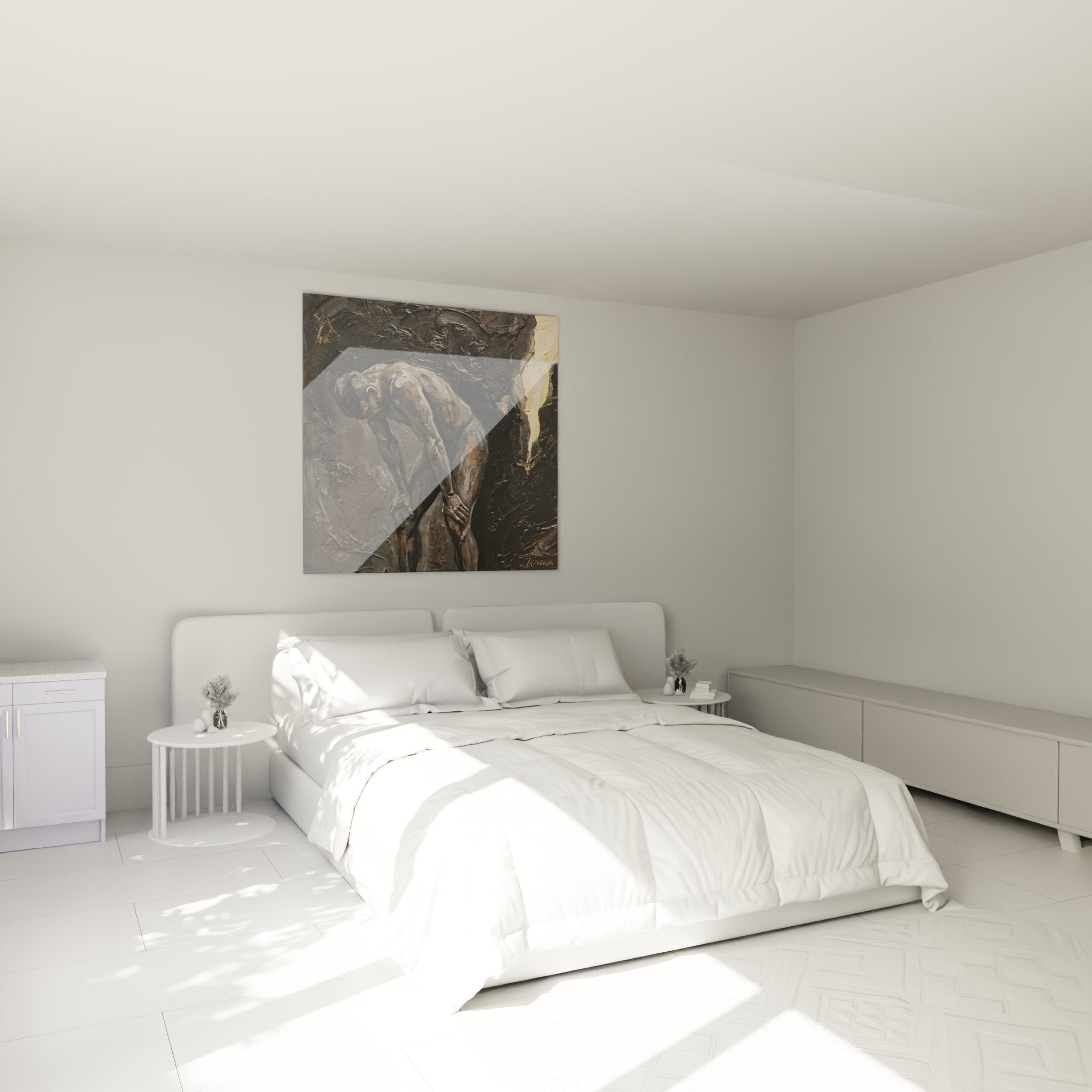 Introspective runner wall art in modern bedroom, sports wall decoration, contemporary ambiance