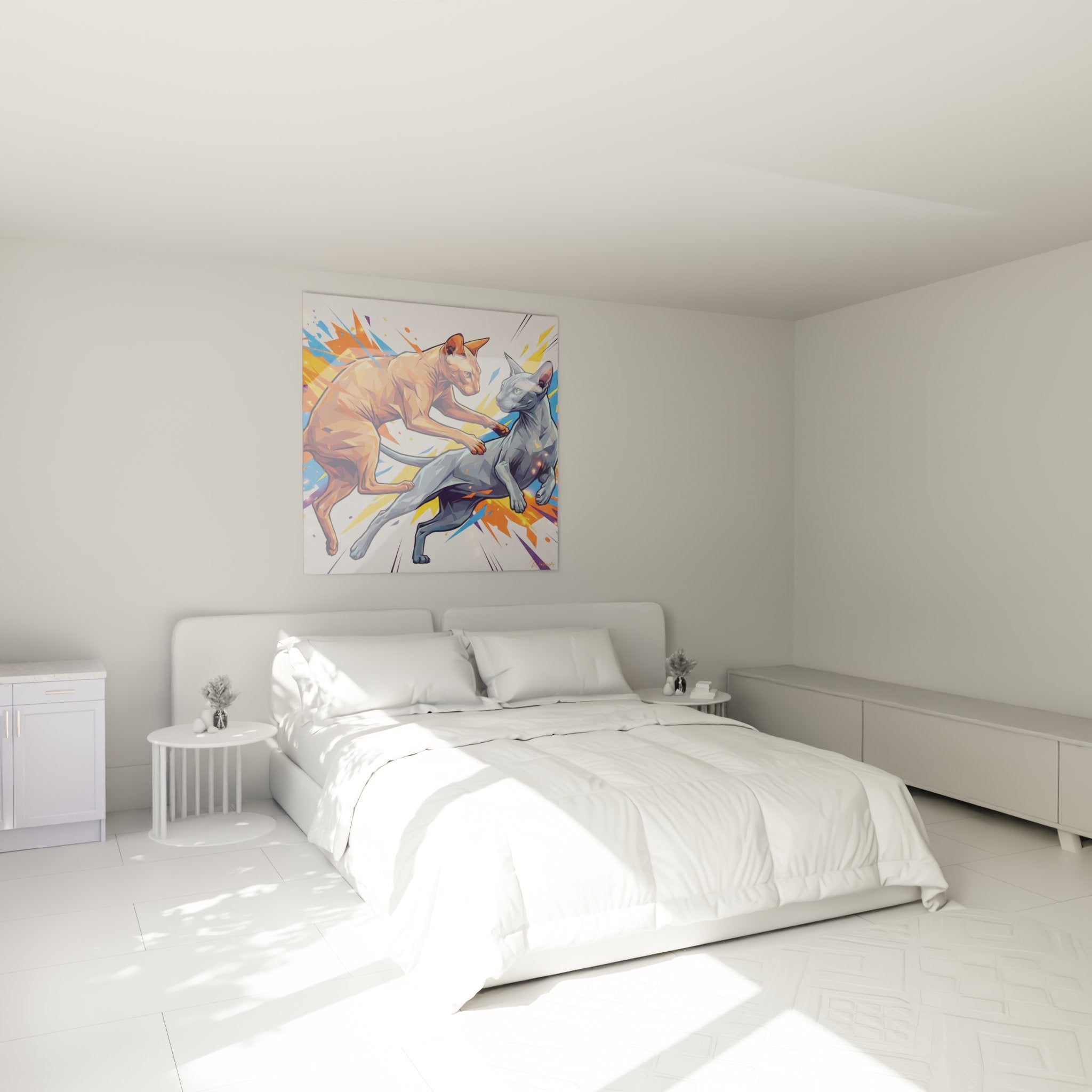 Quadro gatti Peterbald arancione e blu in camera moderna, decorazione murale arte felina contemporanea