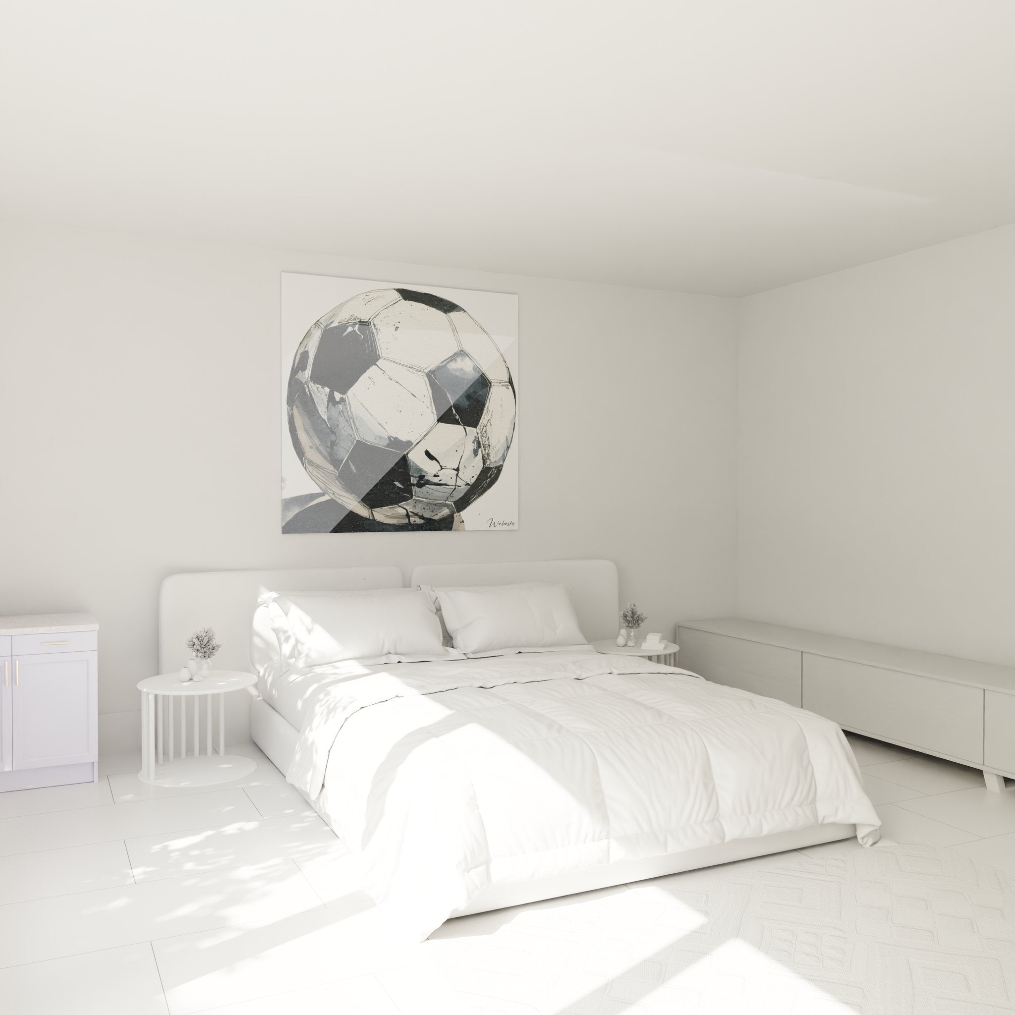 Tableau ballon football vintage décorant une chambre moderne avec style artistique monochrome