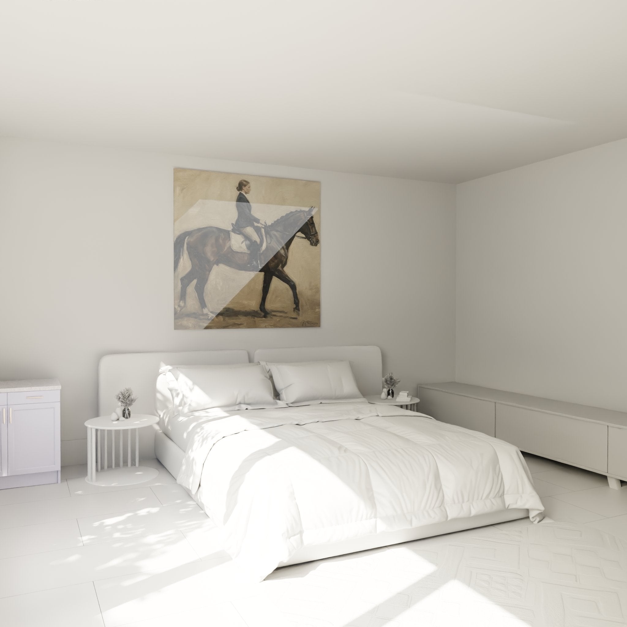 Decorazione camera da letto con quadro equestre, amazzone di dressage, atmosfera raffinata in toni neutri