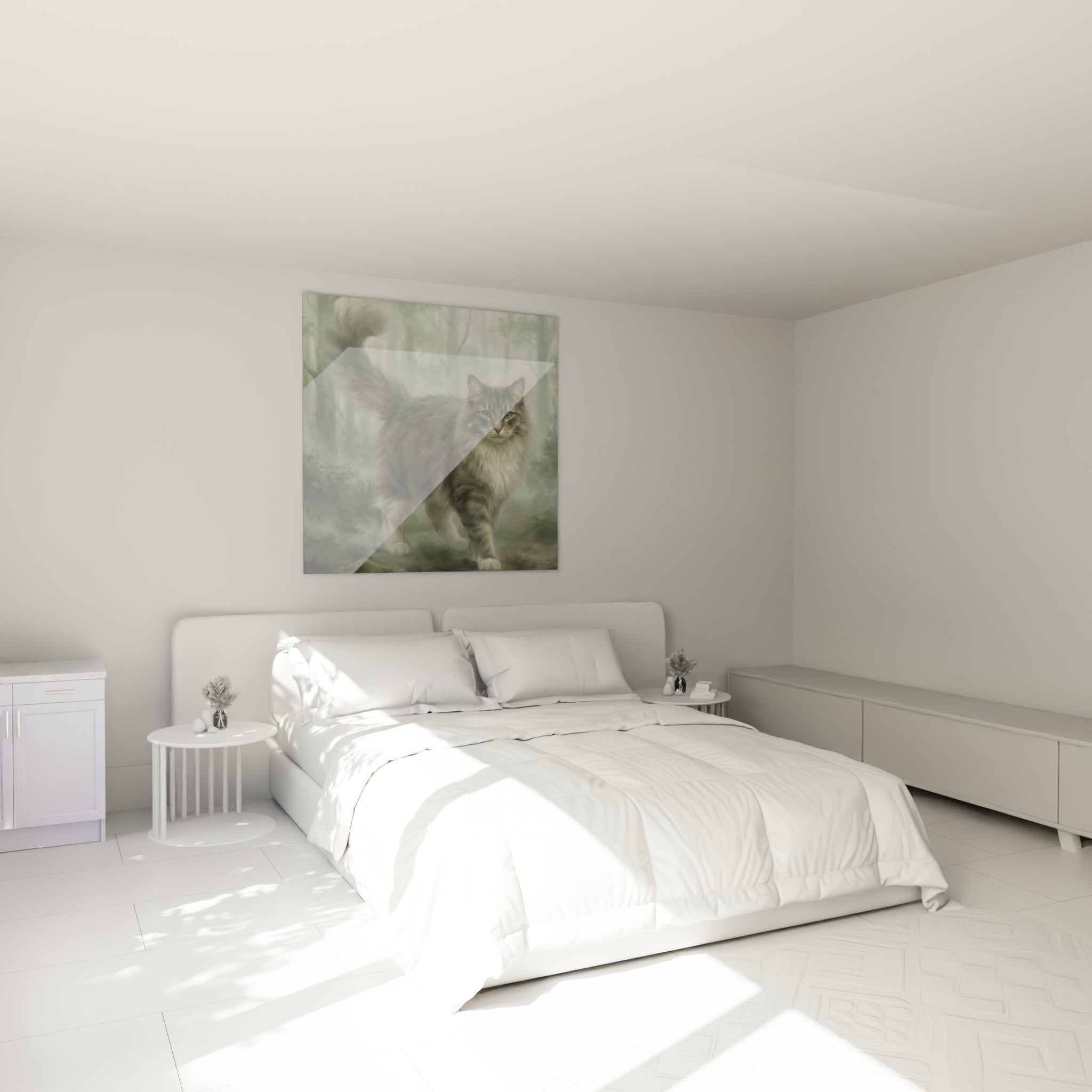 Norwegische Waldkatze Kunstdruck installiert in einem modernen Schlafzimmer, schafft eine beruhigende katzenhafte Atmosphäre