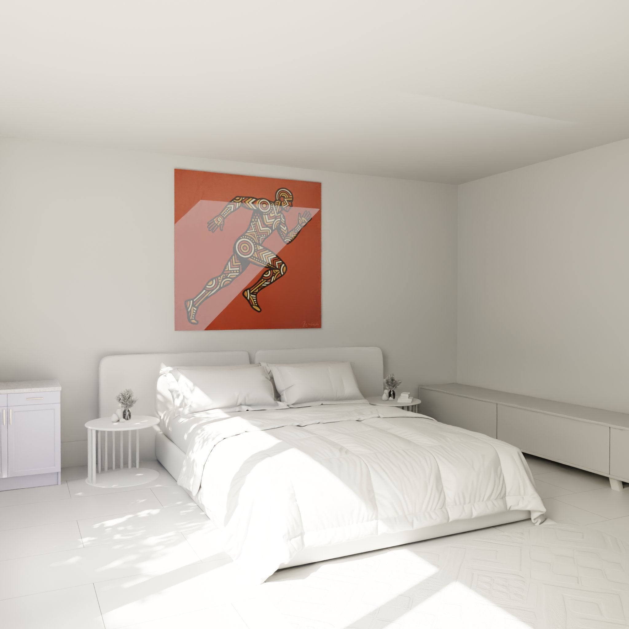 Quadro corridore tribale in camera decorazione murale arte aborigena motivi geometrici atmosfera calda