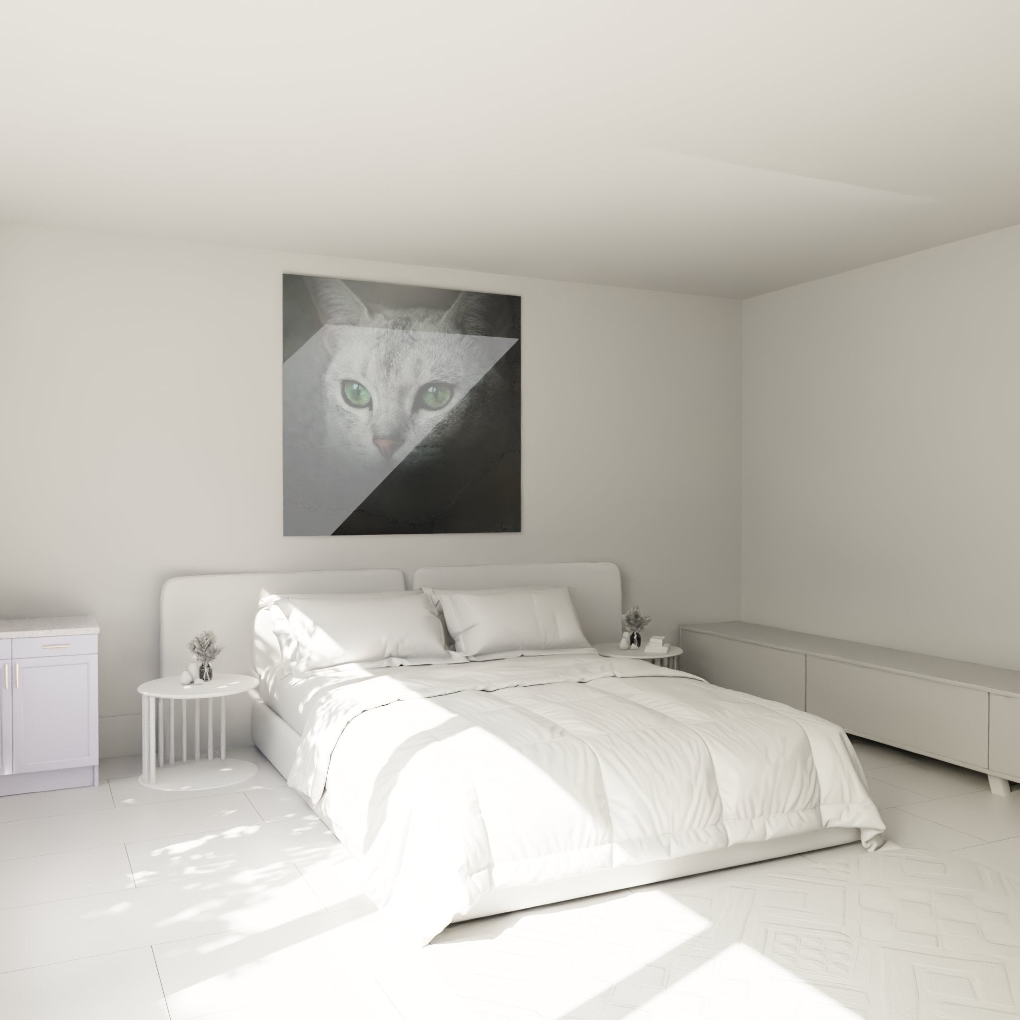 Decorazione camera da letto con quadro gatto Burmilla occhi verdi, atmosfera rilassante ed elegante per interno accogliente