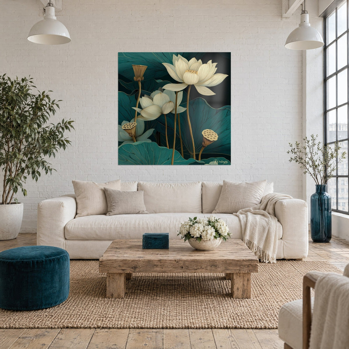 Tableau fleur de lotus ivoire aux pétales finement striés sur feuilles vert émeraude et filets dorés, au-dessus d'un canapé dans un salon lumineux