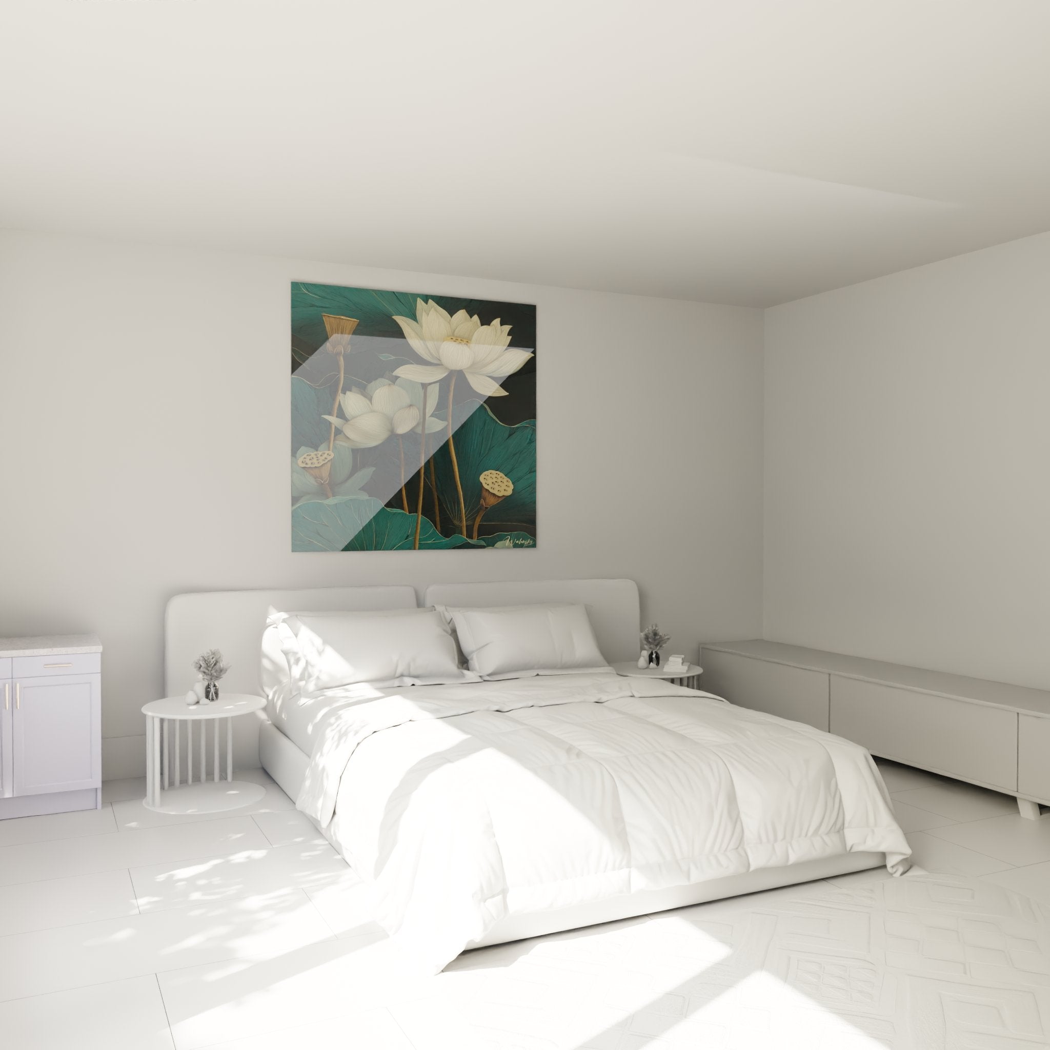 Art deco lotus wall art hanging in a modern bedroom with minimalist and elegant decor