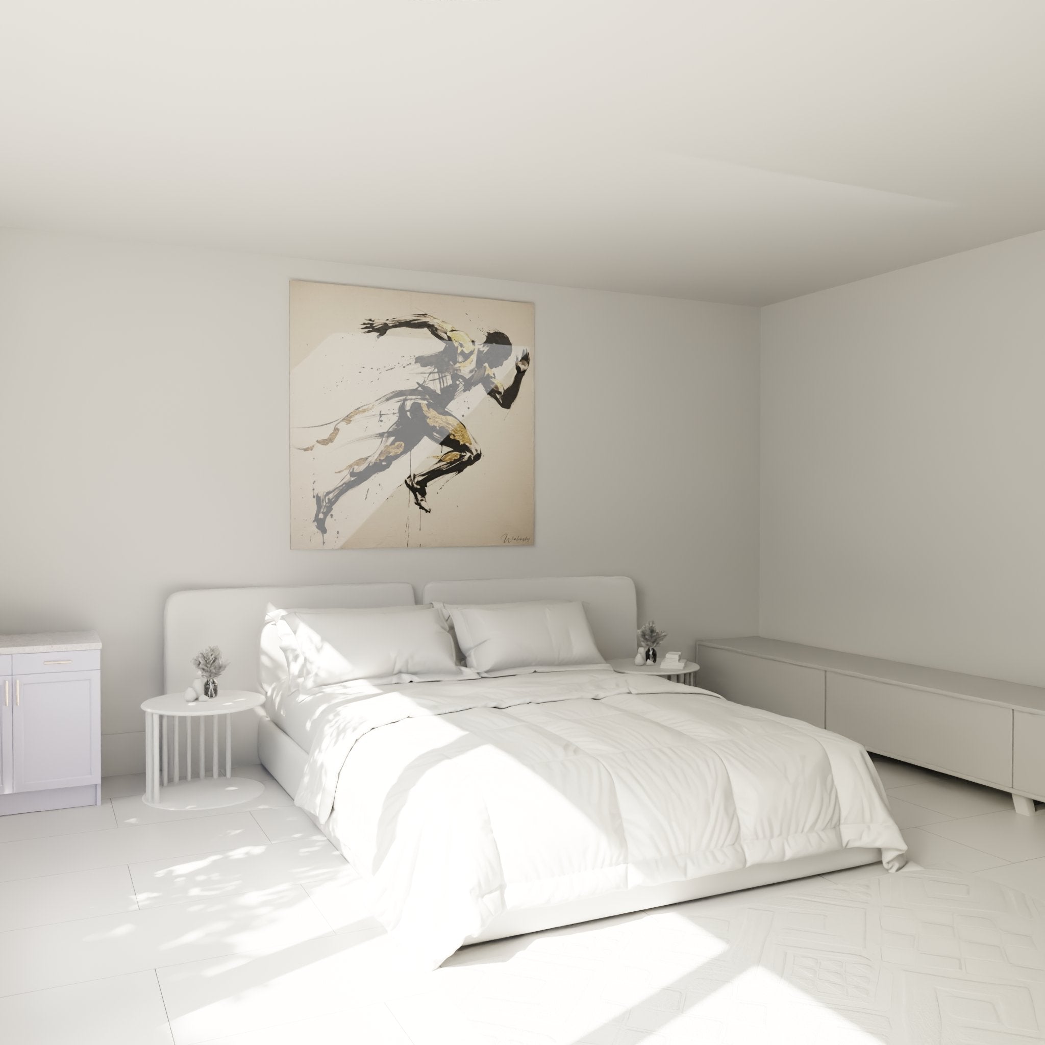 Quadro corridore sprint appeso in una camera da letto moderna con decorazione minimalista e tonalità neutre