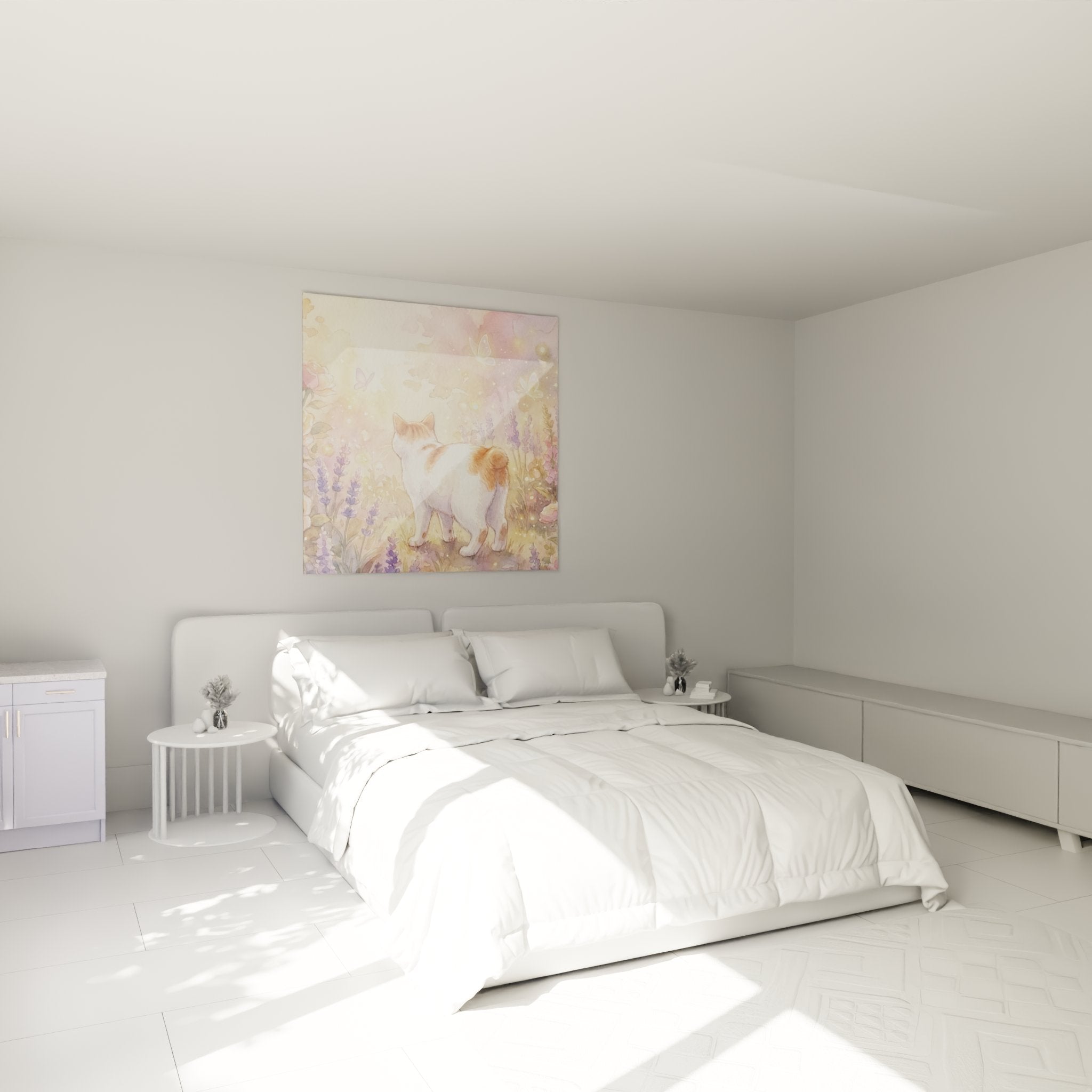 Tableau chat Manx jardin fleuri accroche dans chambre moderne, decoration murale artistique tons roses